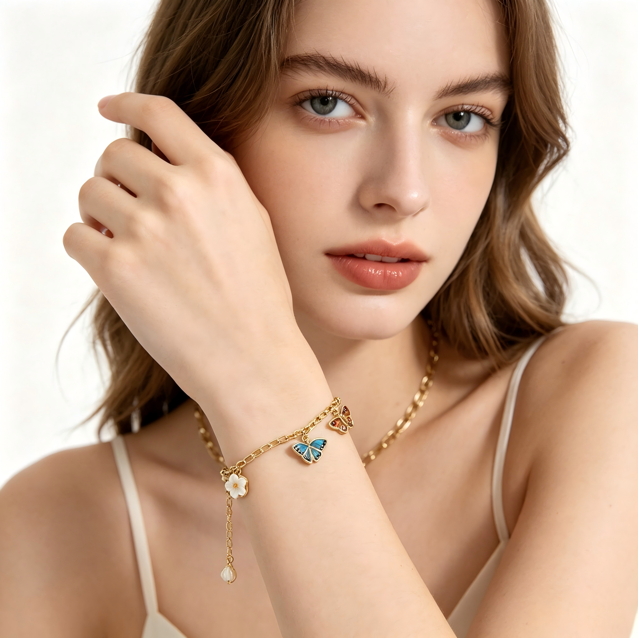 Whimsical Enamel Butterfly & Natural Shell Flower Charm Real Gold‑Plated Copper Chain 8" Bracelet | Factory Direct Wholesale