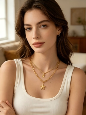 Pre‑Stacked Dual‑Layer Wheat‑Snake & Paperclip Chain Sun‑Ray Star & Crescent Moon Pendant Stainless Steel Necklace | Factory Direct Wholesale