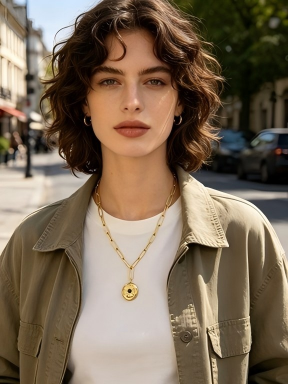 Uniform Equal‑Size Paperclip Chain Sun‑Ray Textured Black‑Crystal Inset Irregular Disc Stainless Steel Necklace | Factory Direct Wholesale