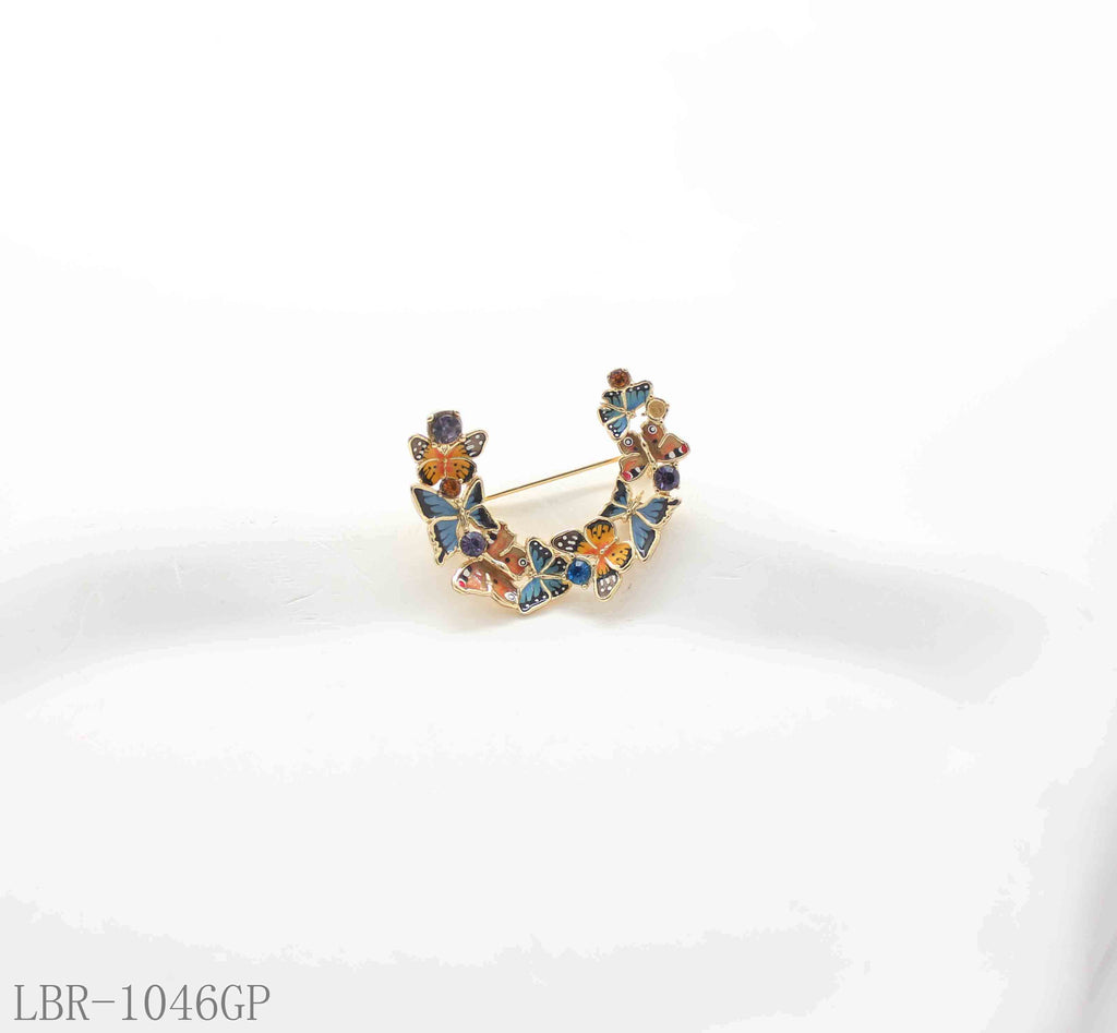 Vintage Half-Wreath Multi-Style Enamel Butterfly & Crystal Accent Real Gold-Plated Copper Brooch | Factory Direct Wholesale