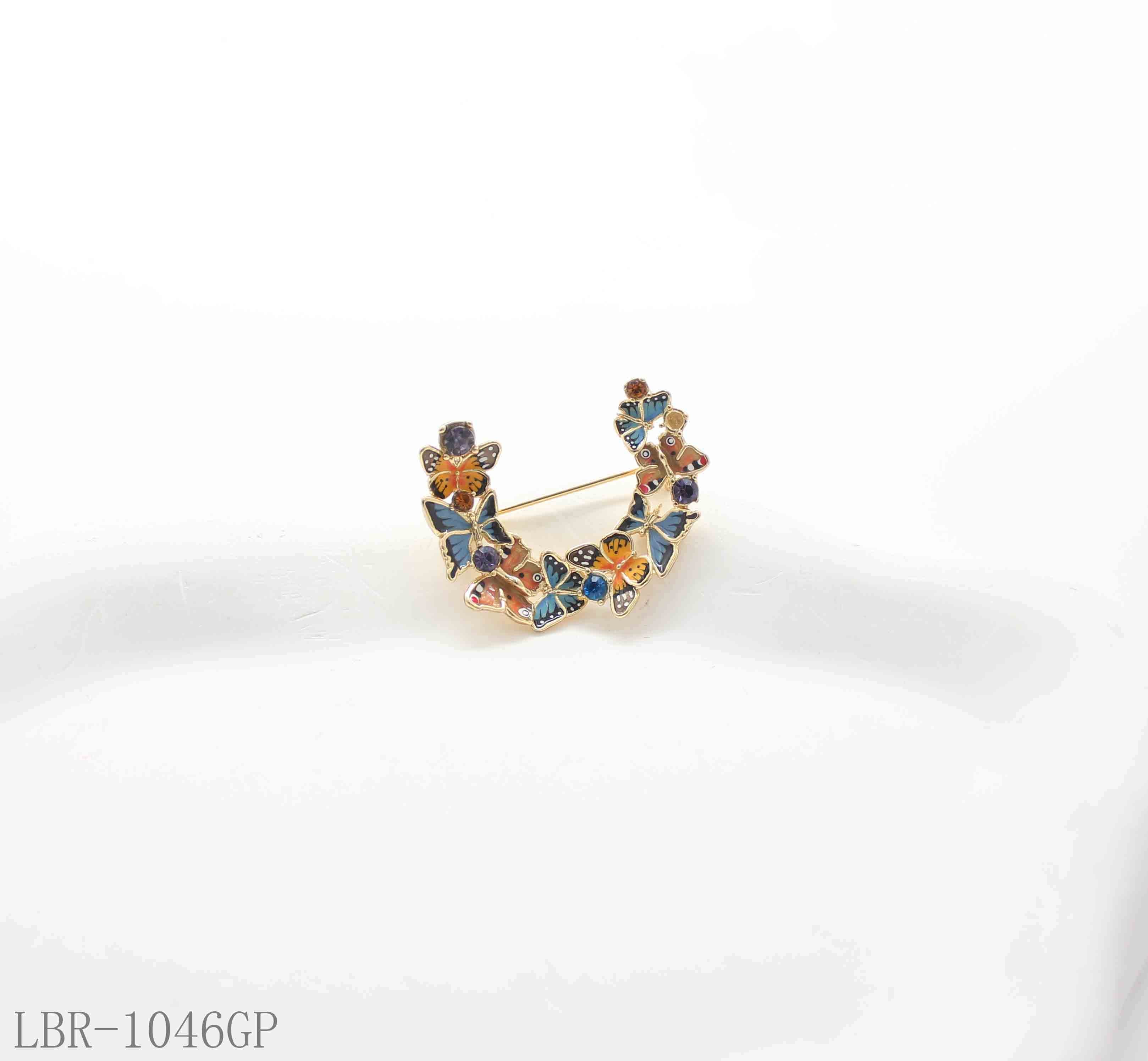 Vintage Half-Wreath Multi-Style Enamel Butterfly & Crystal Accent Real Gold-Plated Copper Brooch | Factory Direct Wholesale