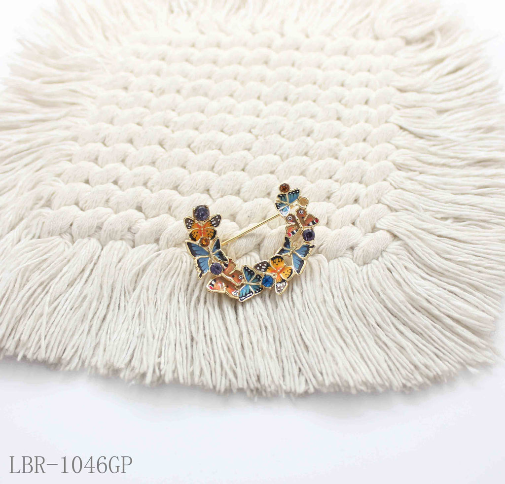 Vintage Half-Wreath Multi-Style Enamel Butterfly & Crystal Accent Real Gold-Plated Copper Brooch | Factory Direct Wholesale