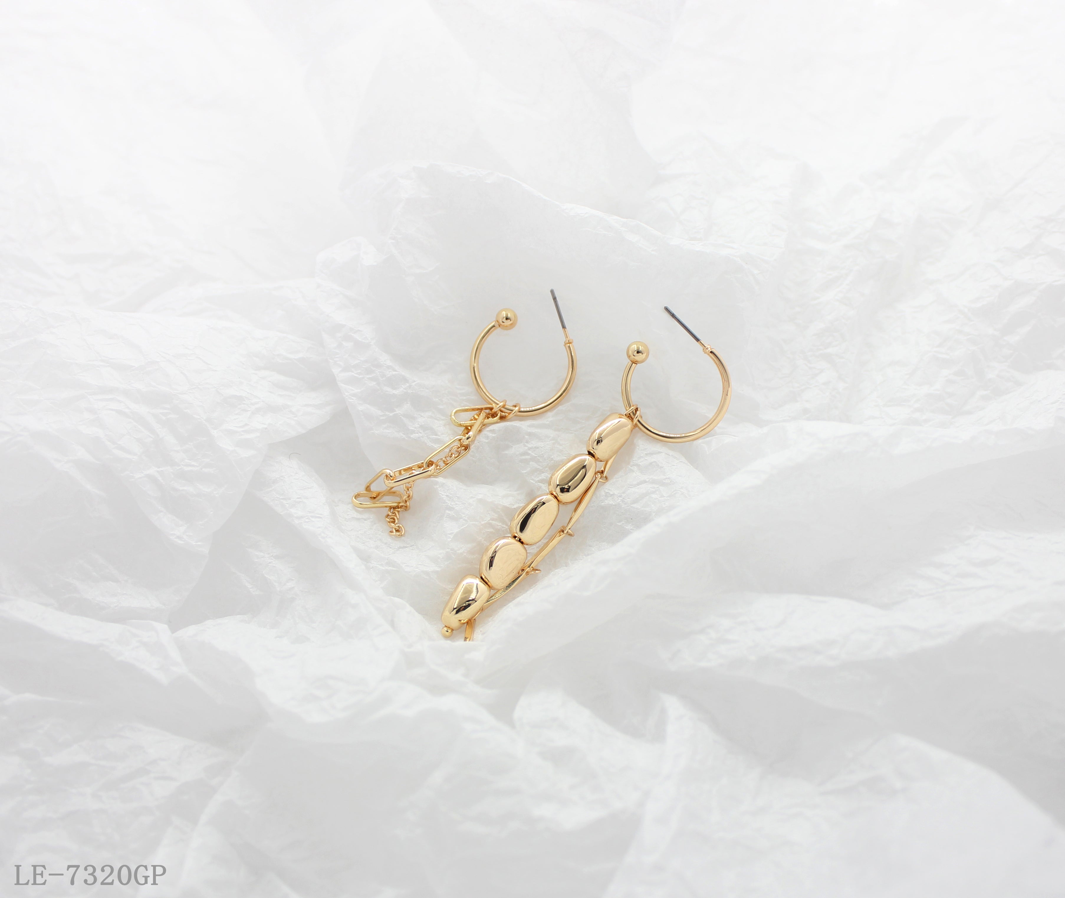 Asymmetric CCB & Chain Drop Gold Plated Hoop Earrings | Factory Direct Wholesale