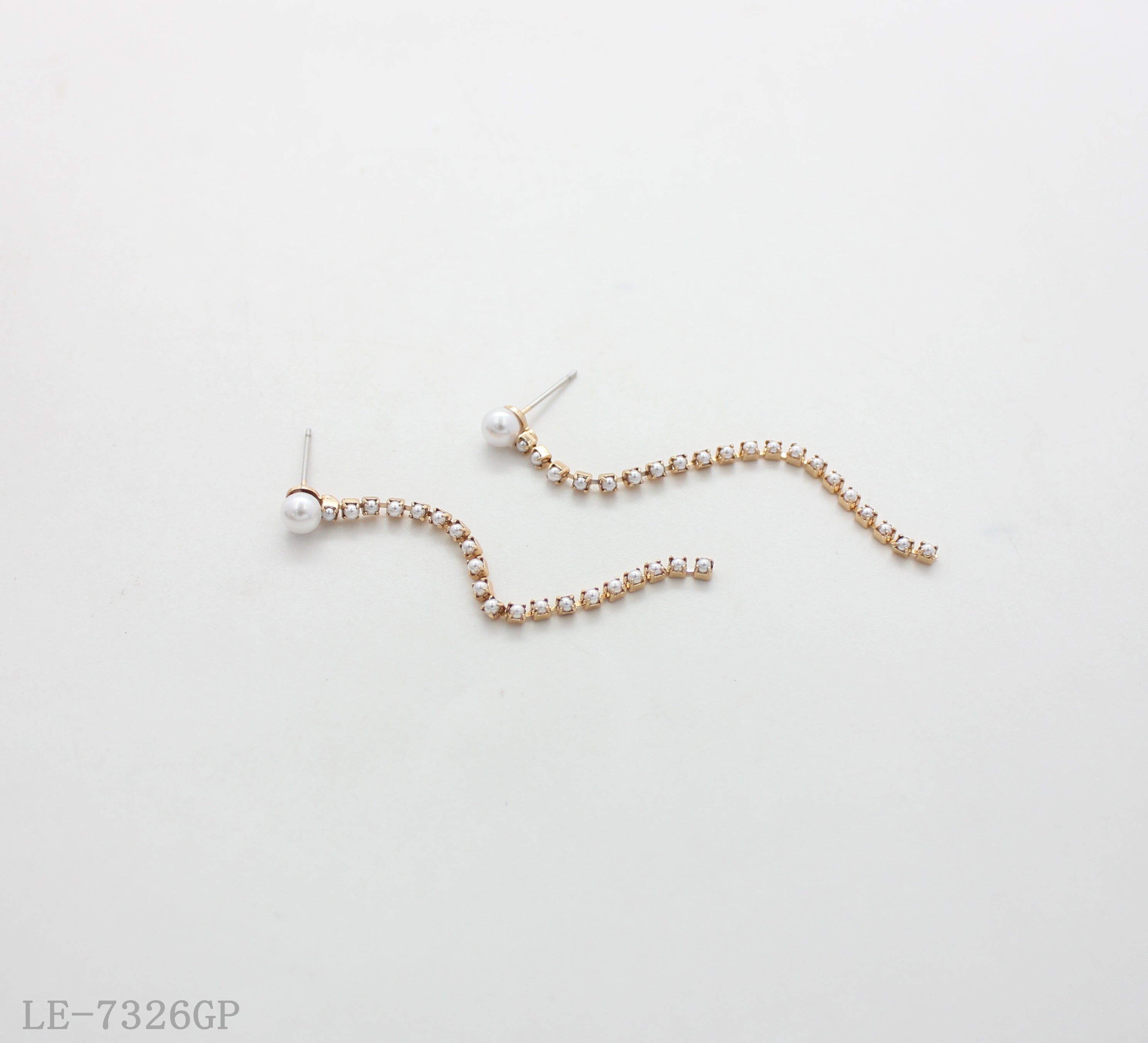 Faux Pearl & Crystal Wavy Chain Copper Gold Plated Linear Drop Earrings | Factory Direct Wholesale