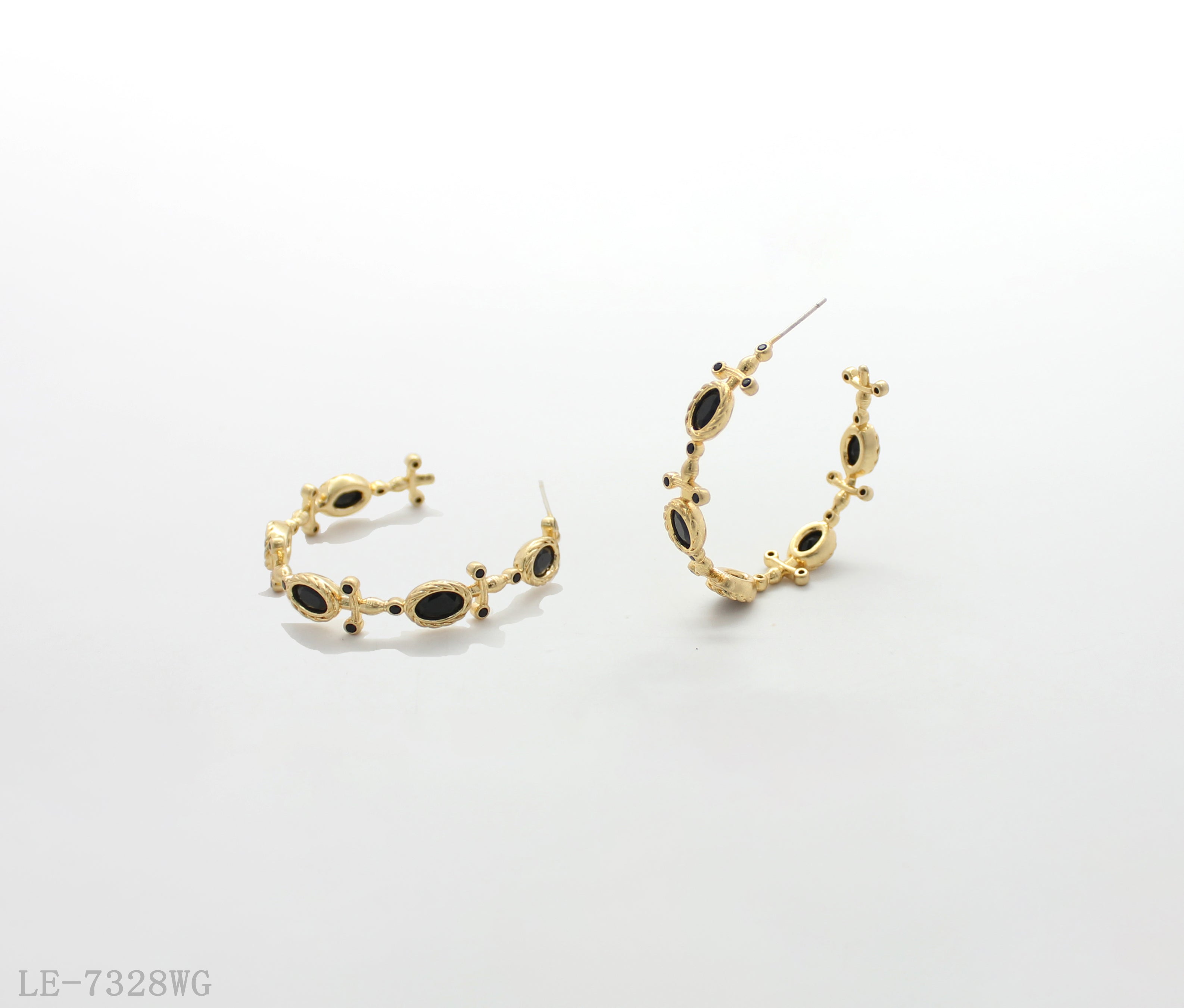 Vintage Black Zircon Hammered Copper Gold Plated Open Hoop Earrings with Silver Posts | Factory Direct Wholesale