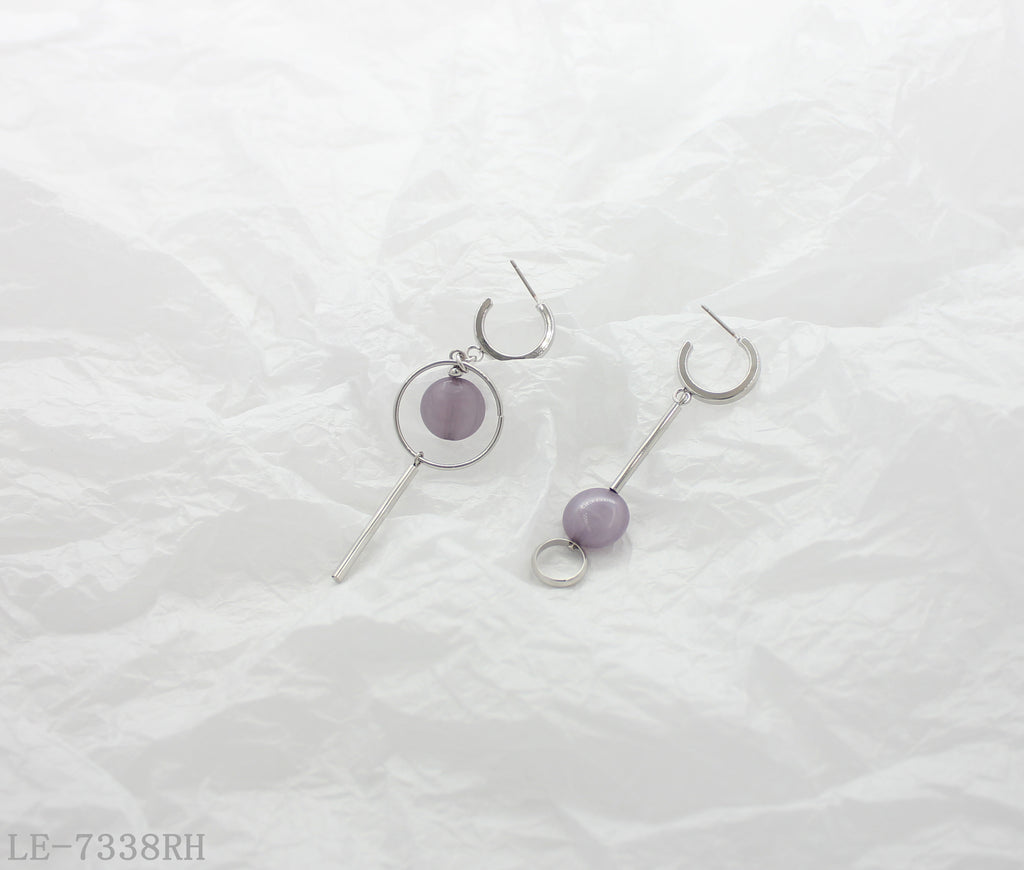 Mismatched Asymmetric Geometric Drop Click Hoop Earrings | Iron Copper Imitation Rhodium Plated with Translucent Lavender Marbled Acrylic Beads Women Jewelry Wholesale