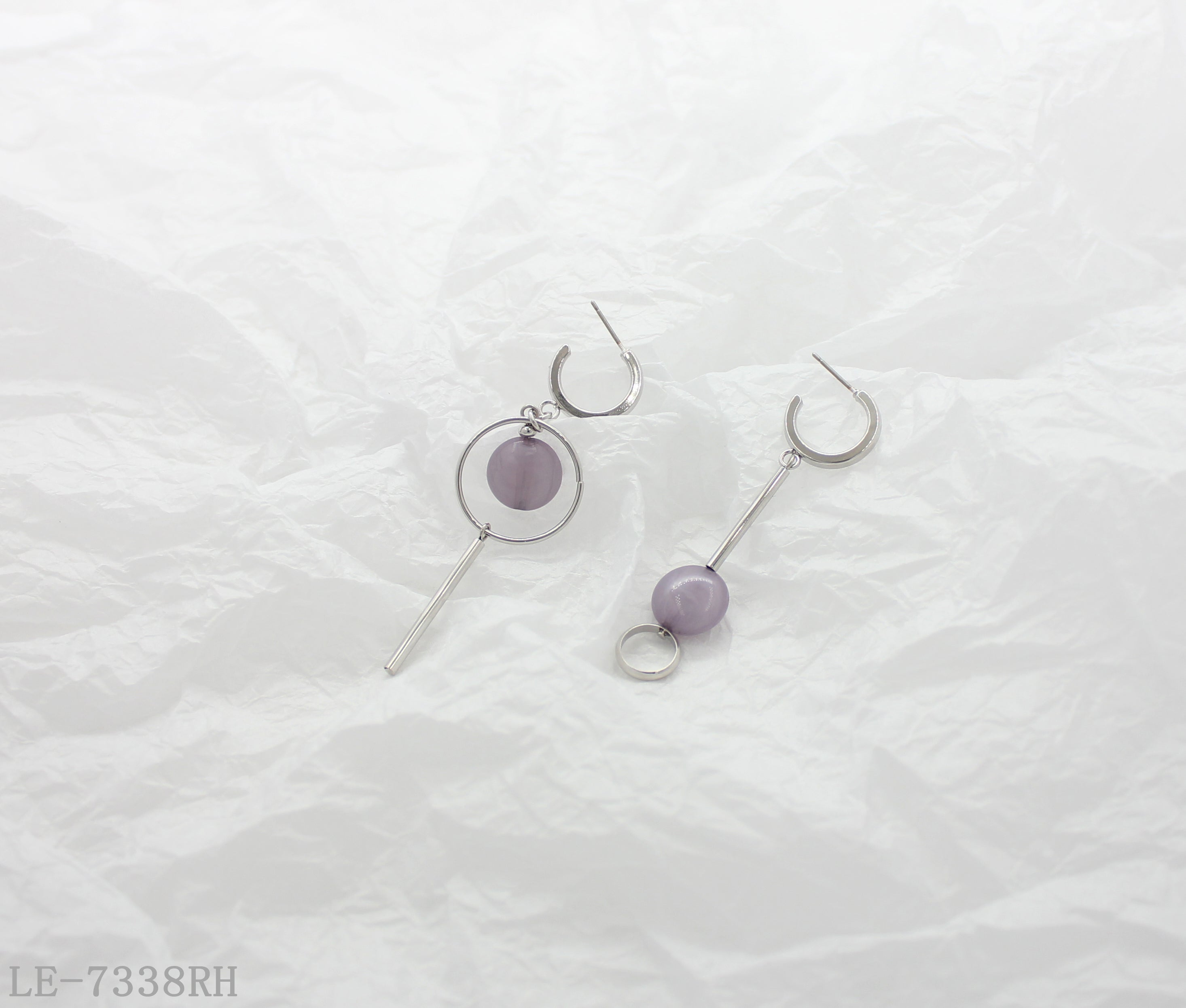 Mismatched Asymmetric Geometric Drop Click Hoop Earrings | Iron Copper Imitation Rhodium Plated with Translucent Lavender Marbled Acrylic Beads Women Jewelry Wholesale