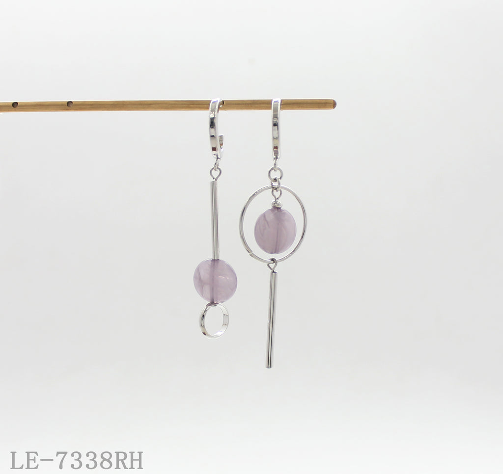 Mismatched Asymmetric Geometric Drop Click Hoop Earrings | Iron Copper Imitation Rhodium Plated with Translucent Lavender Marbled Acrylic Beads Women Jewelry Wholesale