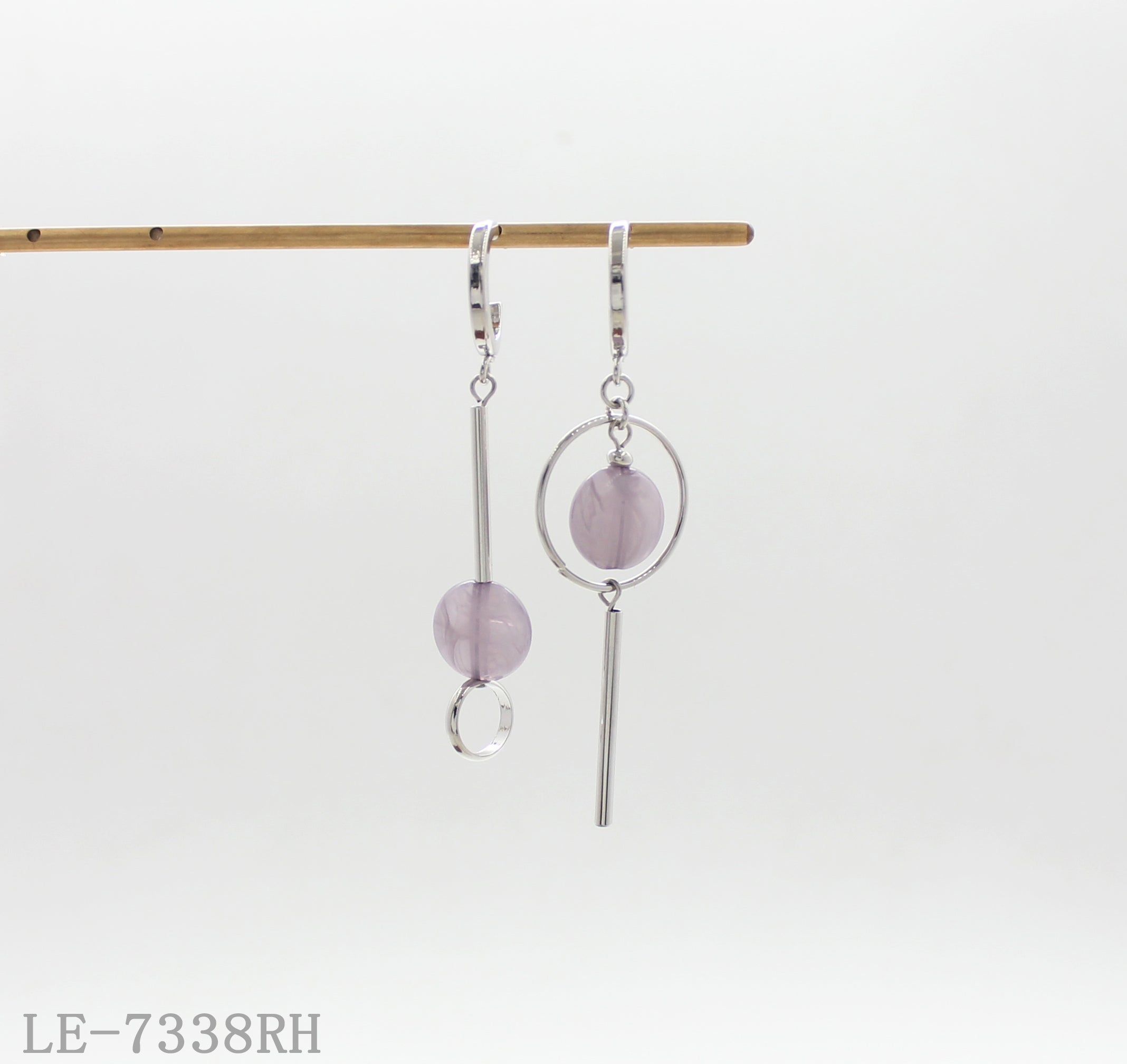 Mismatched Asymmetric Geometric Drop Click Hoop Earrings | Iron Copper Imitation Rhodium Plated with Translucent Lavender Marbled Acrylic Beads Women Jewelry Wholesale