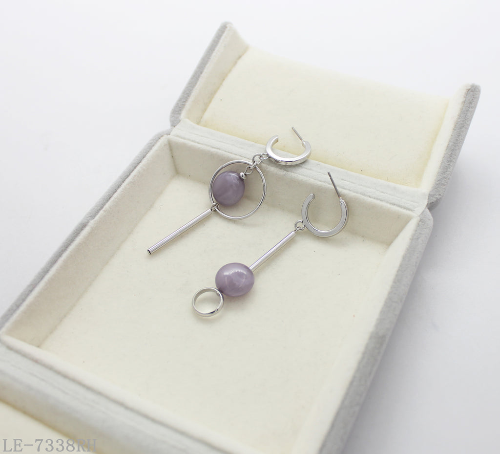 Mismatched Asymmetric Geometric Drop Click Hoop Earrings | Iron Copper Imitation Rhodium Plated with Translucent Lavender Marbled Acrylic Beads Women Jewelry Wholesale