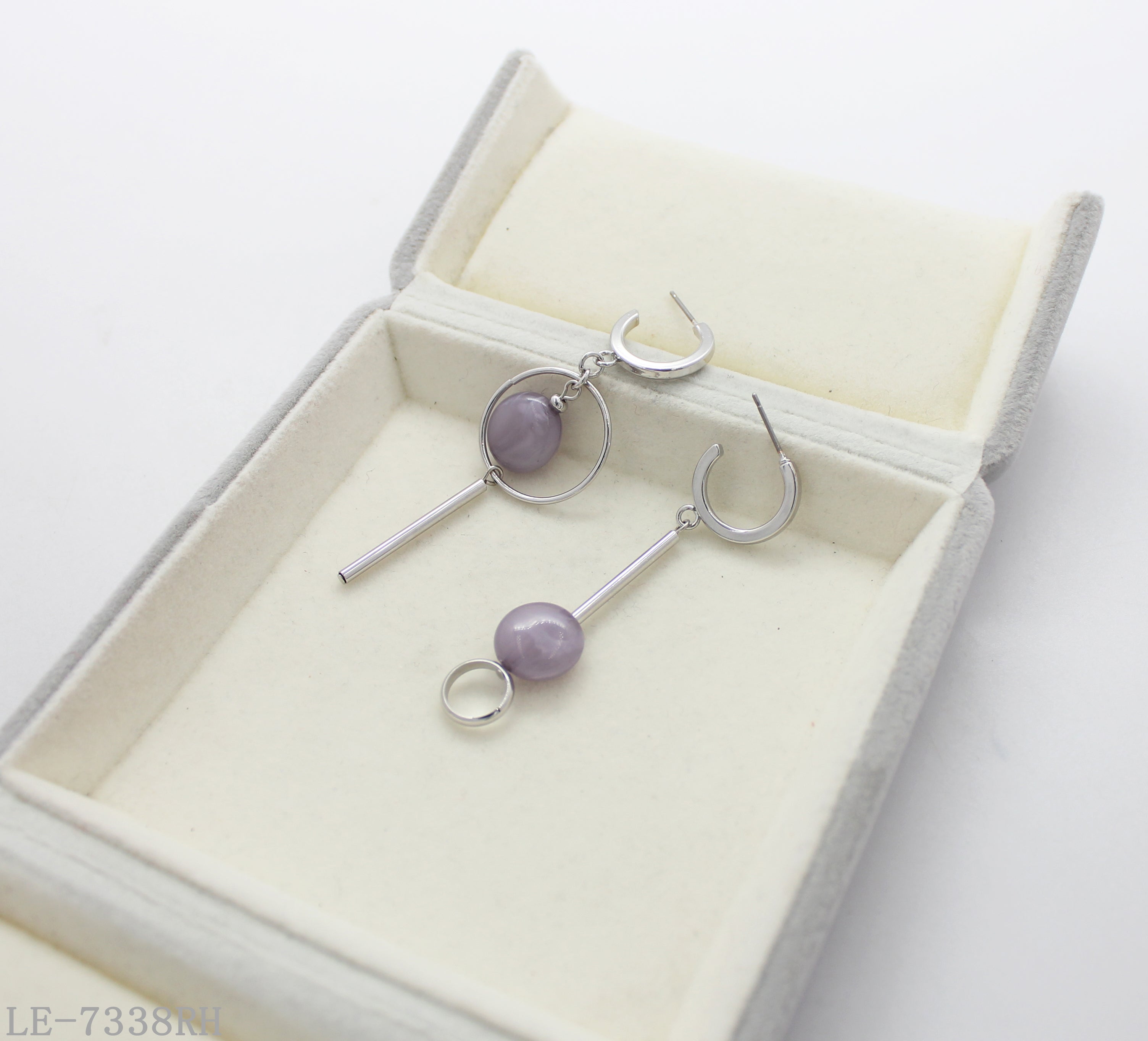Mismatched Asymmetric Geometric Drop Click Hoop Earrings | Iron Copper Imitation Rhodium Plated with Translucent Lavender Marbled Acrylic Beads Women Jewelry Wholesale