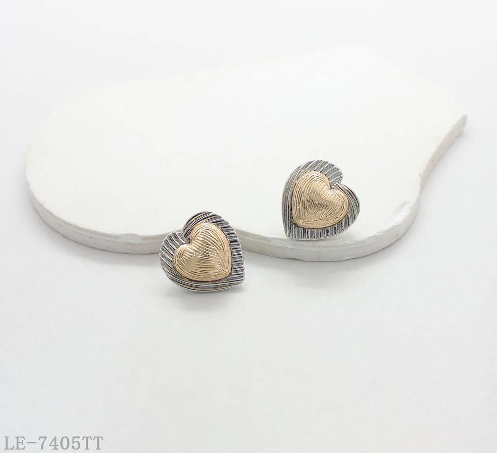 Two-Tone Ribbed Textured Heart Stud Earrings | Zinc Alloy Base with Imitation Gold & Imitation Rhodium Silver Plating Retro Vintage Women Ear Studs Factory Wholesale