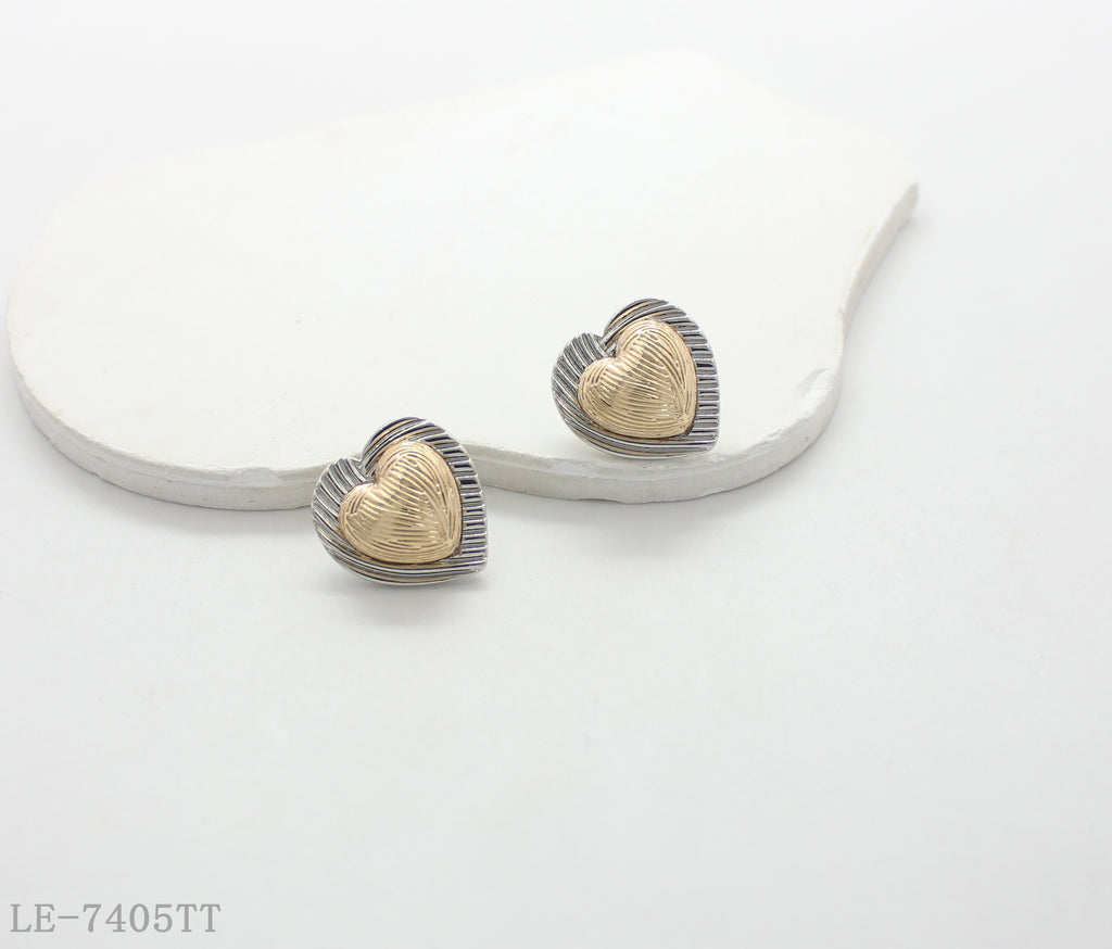 Two-Tone Ribbed Textured Heart Stud Earrings | Zinc Alloy Base with Imitation Gold & Imitation Rhodium Silver Plating Retro Vintage Women Ear Studs Factory Wholesale