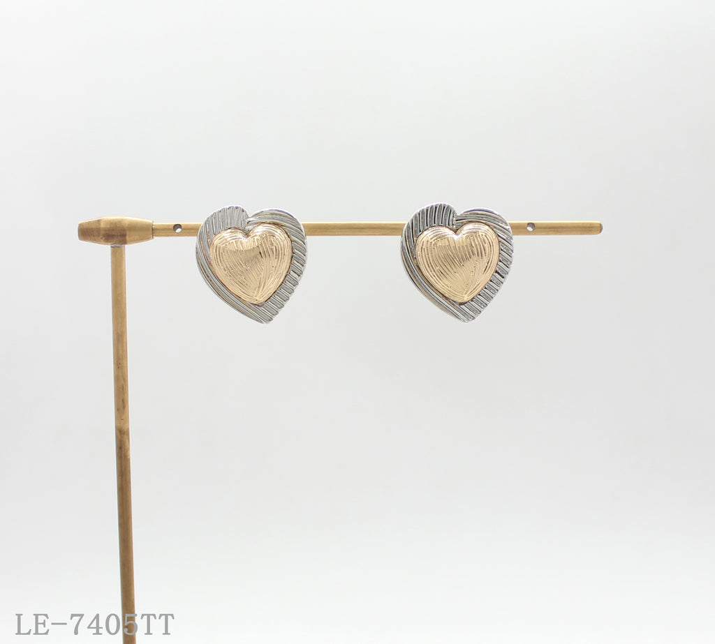 Two-Tone Ribbed Textured Heart Stud Earrings | Zinc Alloy Base with Imitation Gold & Imitation Rhodium Silver Plating Retro Vintage Women Ear Studs Factory Wholesale