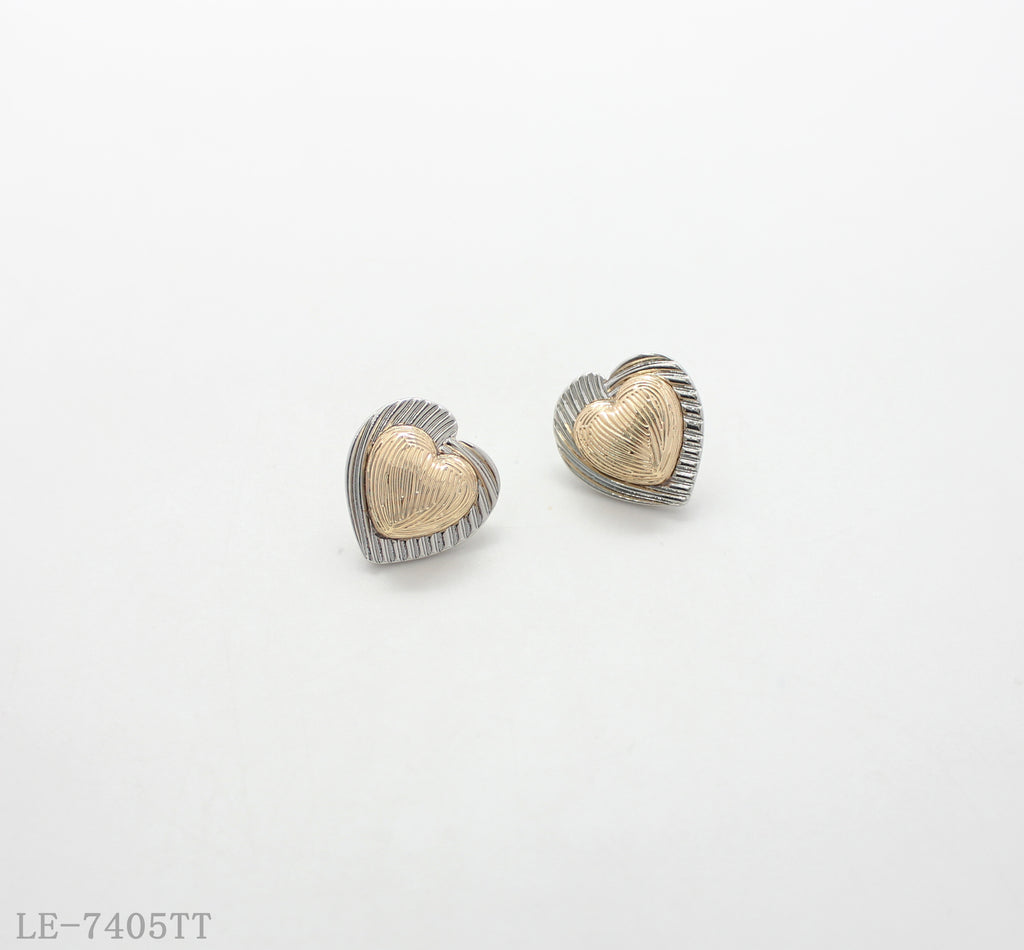 Two-Tone Ribbed Textured Heart Stud Earrings | Zinc Alloy Base with Imitation Gold & Imitation Rhodium Silver Plating Retro Vintage Women Ear Studs Factory Wholesale