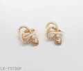 Vintage Intertwined Double Circle Pearl Stud Earrings | Copper Base Imitation Gold Plated with Mini White Acrylic Pearl & Filigree Hollow Heart Charm Feminine Women Ear Jewelry Factory Wholesale