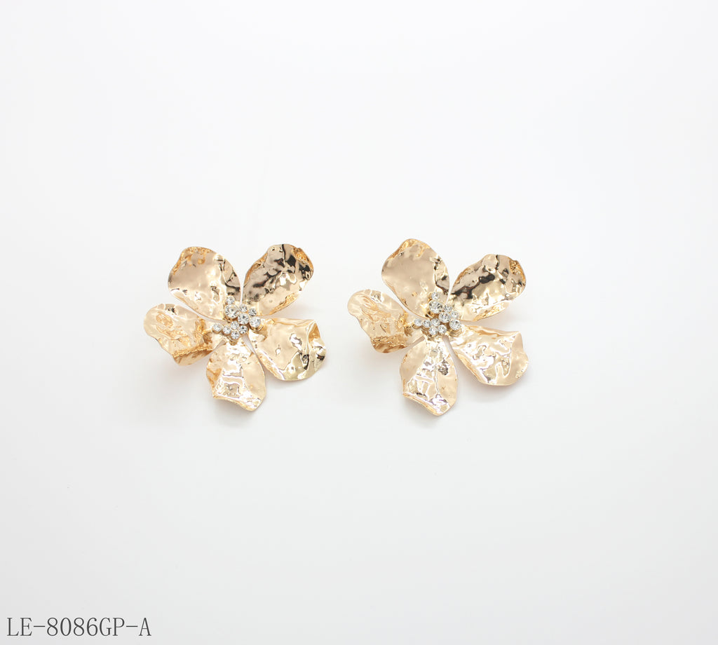 Hammer Wrinkled Five Petal Flower Statement Stud Earrings | Iron Copper Mixed Base Glass Rhinestone Standard Gold Plated Women Floral Stacking Ear Studs Factory Wholesale