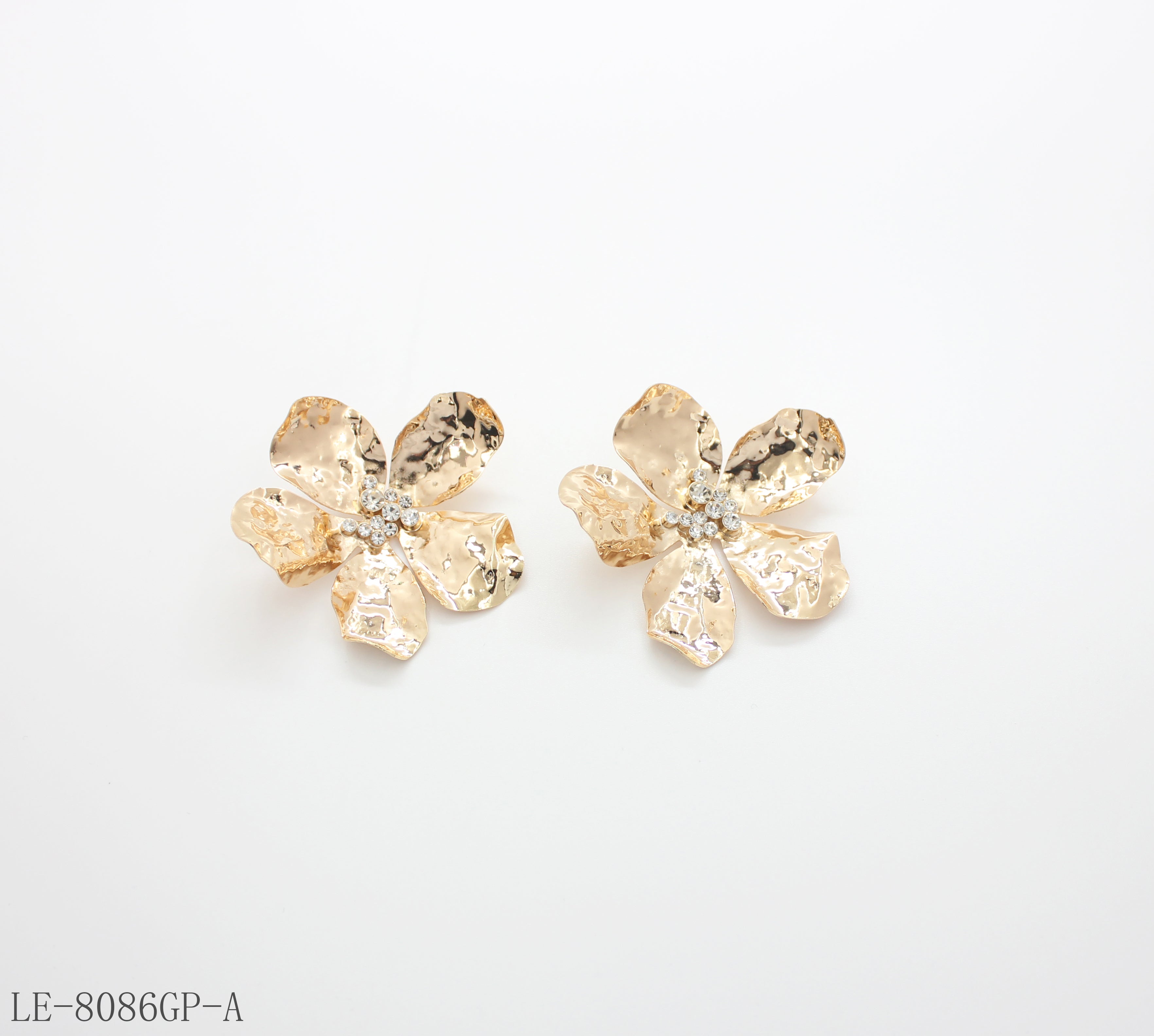 Hammer Wrinkled Five Petal Flower Statement Stud Earrings | Iron Copper Mixed Base Glass Rhinestone Standard Gold Plated Women Floral Stacking Ear Studs Factory Wholesale