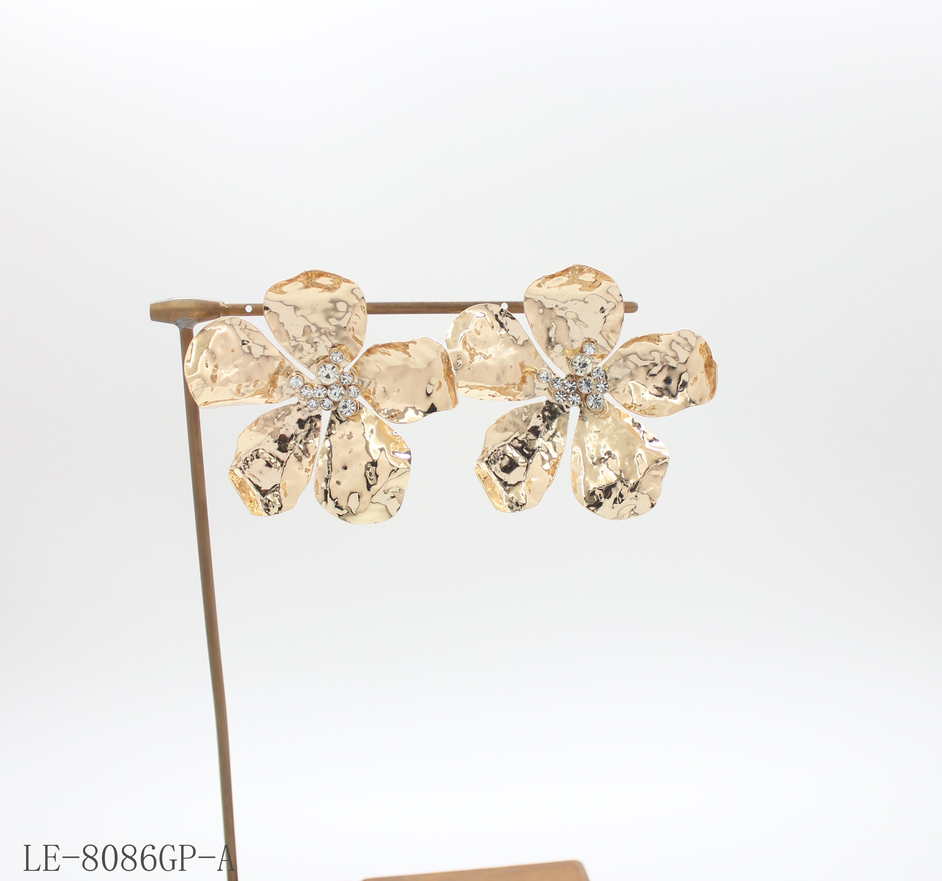 Hammer Wrinkled Five Petal Flower Statement Stud Earrings | Iron Copper Mixed Base Glass Rhinestone Standard Gold Plated Women Floral Stacking Ear Studs Factory Wholesale