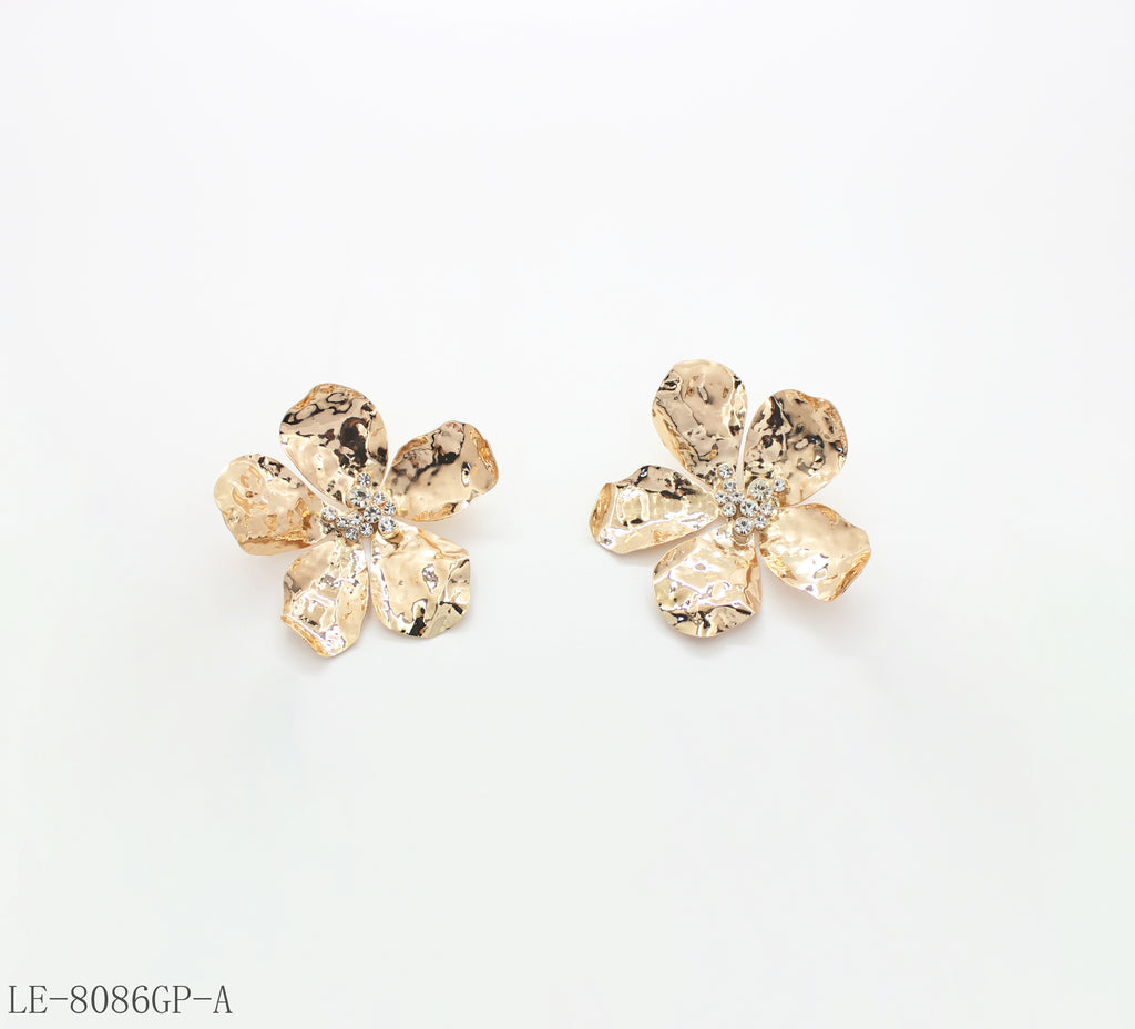 Hammer Wrinkled Five Petal Flower Statement Stud Earrings | Iron Copper Mixed Base Glass Rhinestone Standard Gold Plated Women Floral Stacking Ear Studs Factory Wholesale