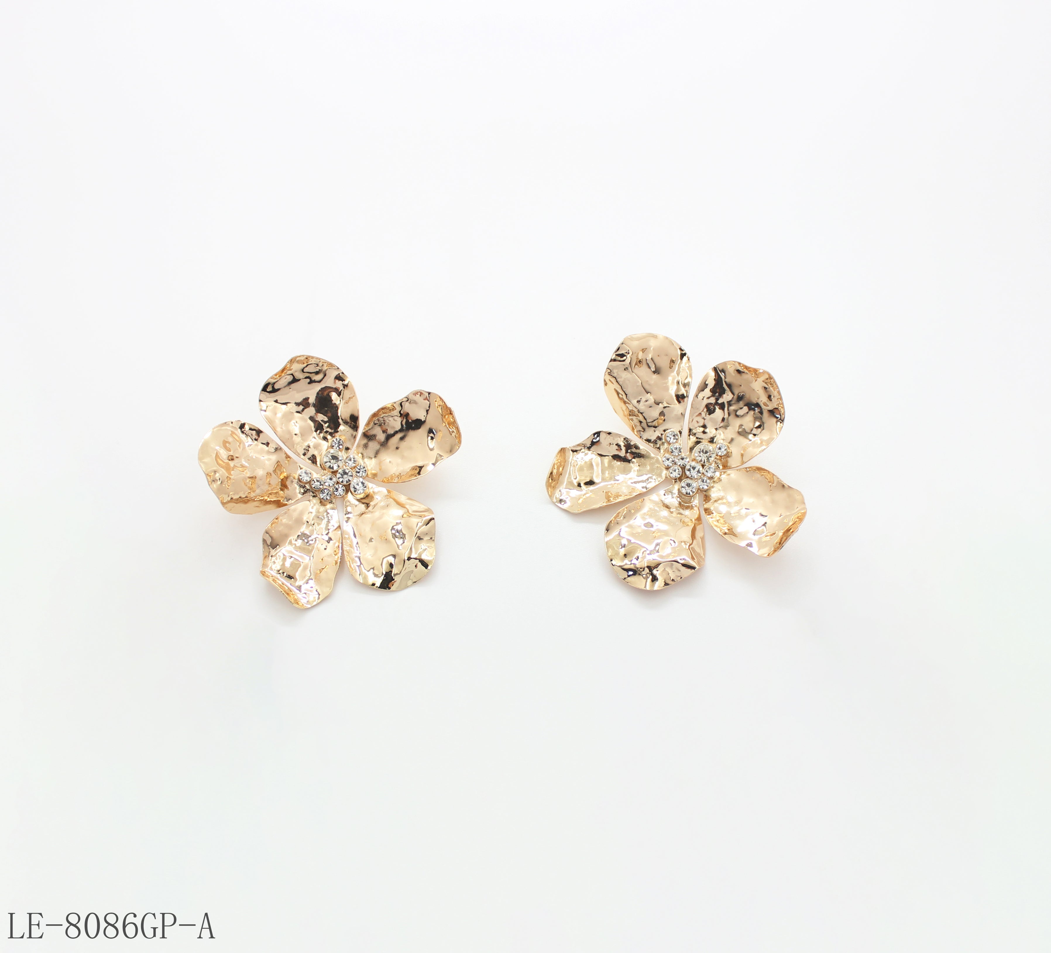 Hammer Wrinkled Five Petal Flower Statement Stud Earrings | Iron Copper Mixed Base Glass Rhinestone Standard Gold Plated Women Floral Stacking Ear Studs Factory Wholesale