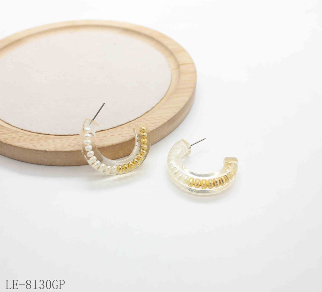 Bead Chain Filled Transparent Resin Open C Hoop Earrings | Copper Post Dual Gold Silver Plated Women Lightweight Minimal Daily Stacking Ear Studs Factory Wholesale