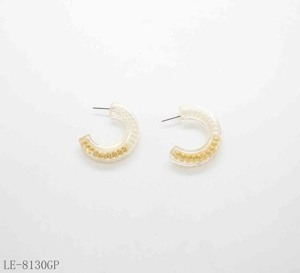 Bead Chain Filled Transparent Resin Open C Hoop Earrings | Copper Post Dual Gold Silver Plated Women Lightweight Minimal Daily Stacking Ear Studs Factory Wholesale