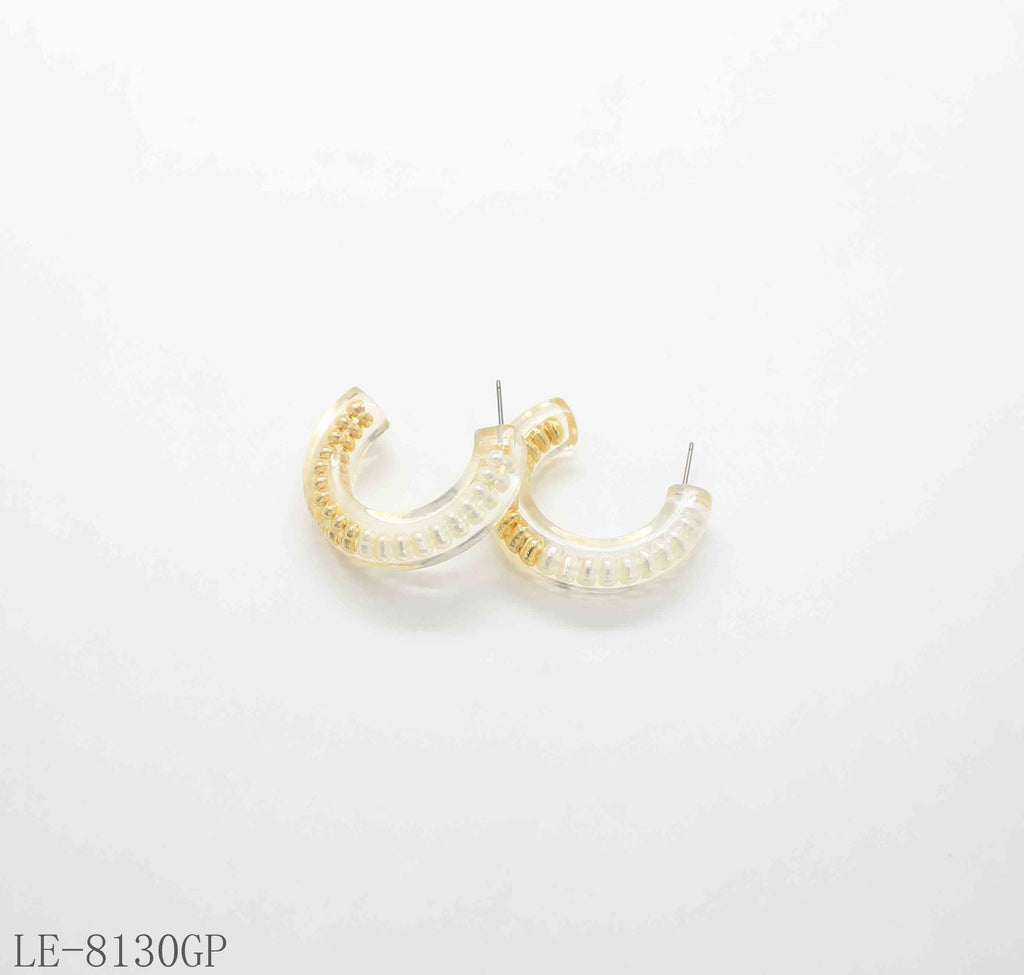 Bead Chain Filled Transparent Resin Open C Hoop Earrings | Copper Post Dual Gold Silver Plated Women Lightweight Minimal Daily Stacking Ear Studs Factory Wholesale