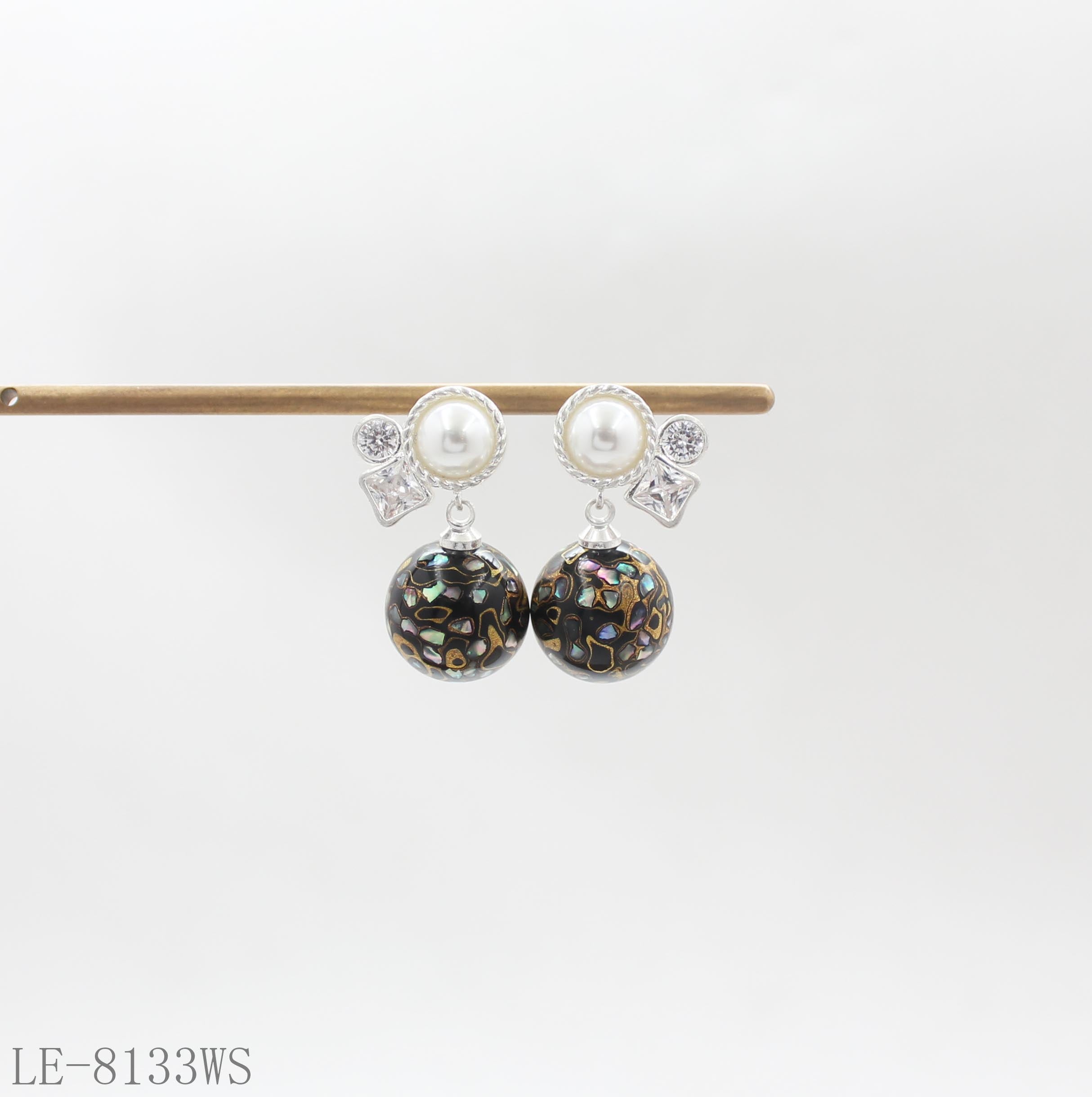 Glass Pearl & Square Crystal Top Lacquer Abalone Glass Ball Dangle Earrings | Silver Plated Copper Women Oriental Elegant Vintage Stacking Drop Earrings Factory Wholesale