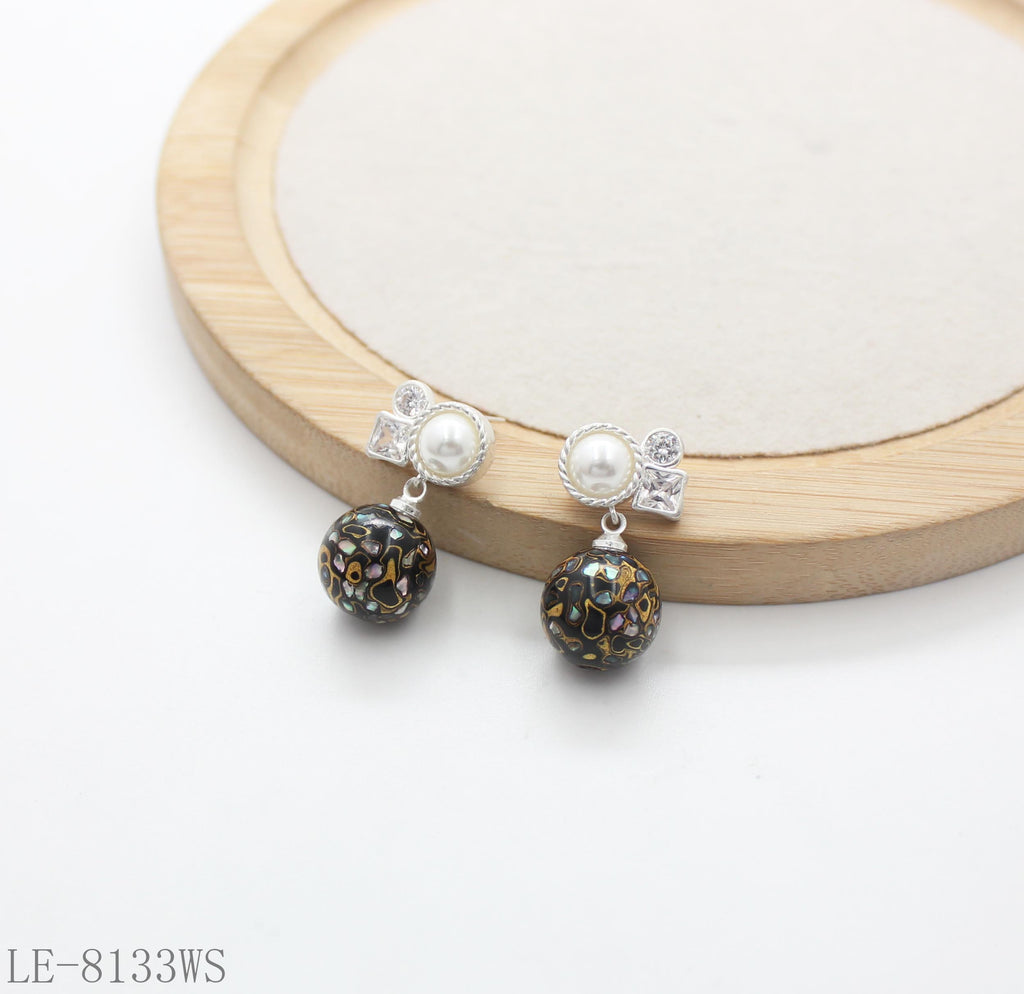 Glass Pearl & Square Crystal Top Lacquer Abalone Glass Ball Dangle Earrings | Silver Plated Copper Women Oriental Elegant Vintage Stacking Drop Earrings Factory Wholesale