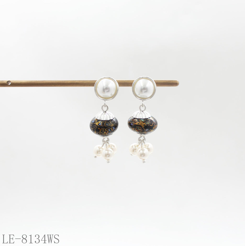 Multi-Layer Glass Pearl Tassel Lacquer Abalone Oval Bead Drop Earrings | Silver Plated Copper Oriental Retro Elegant Stacking Dangle Earrings Factory Wholesale