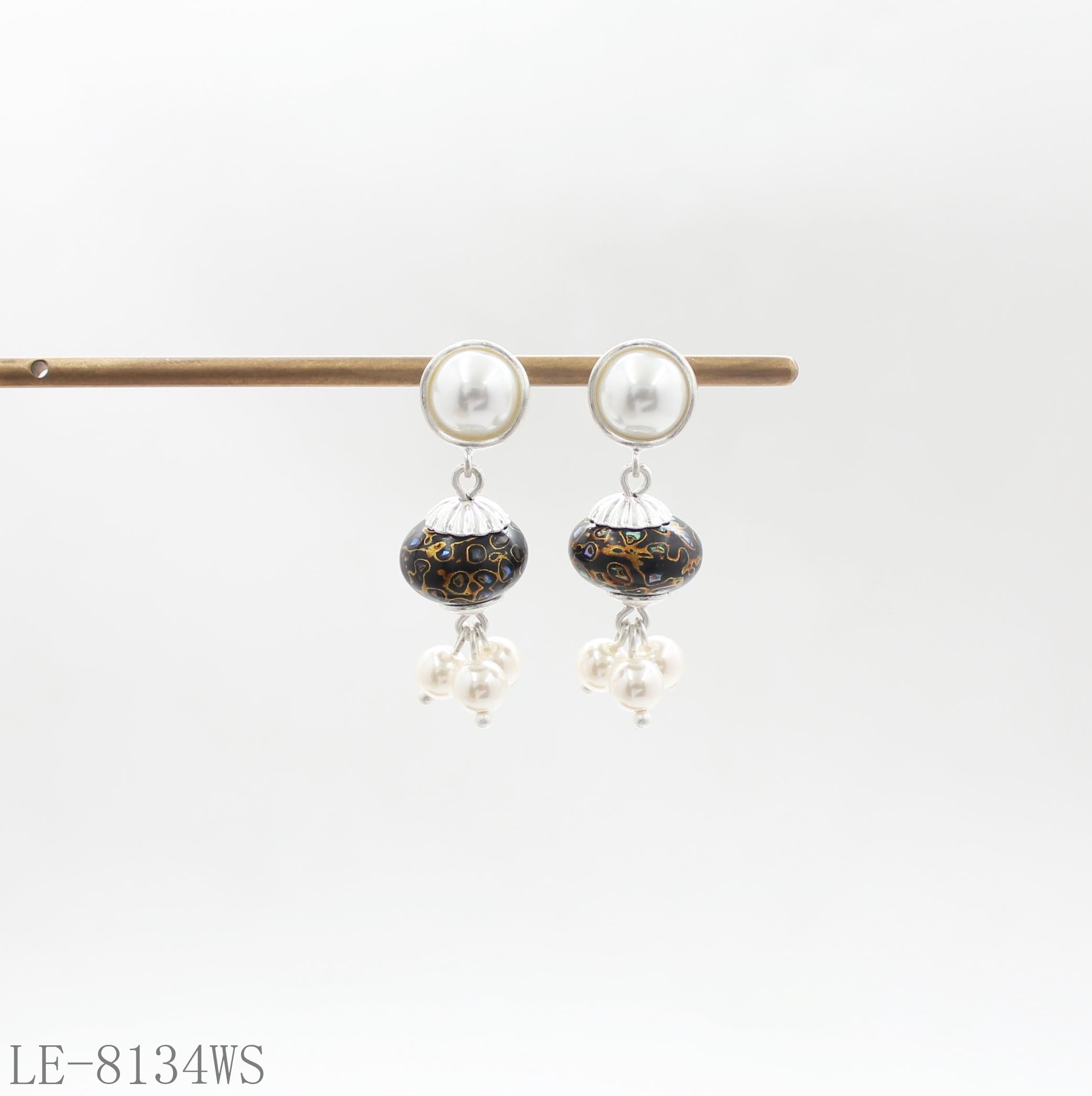 Multi-Layer Glass Pearl Tassel Lacquer Abalone Oval Bead Drop Earrings | Silver Plated Copper Oriental Retro Elegant Stacking Dangle Earrings Factory Wholesale