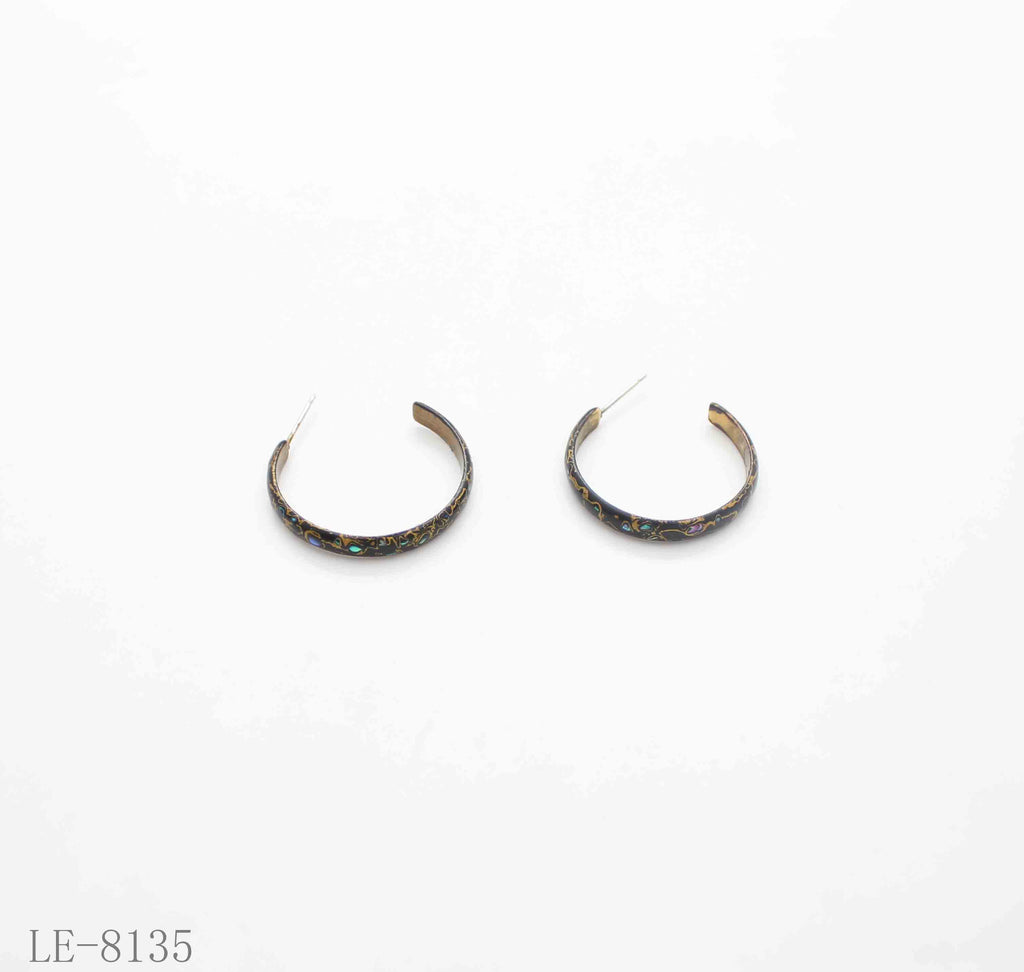 Handmade Natural Black Lacquer Abalone Chip Open C Hoop Earrings | Solid Copper Inner Gold Plated Niche Vintage Oriental Art Stacking Ear Hoops Factory Wholesale