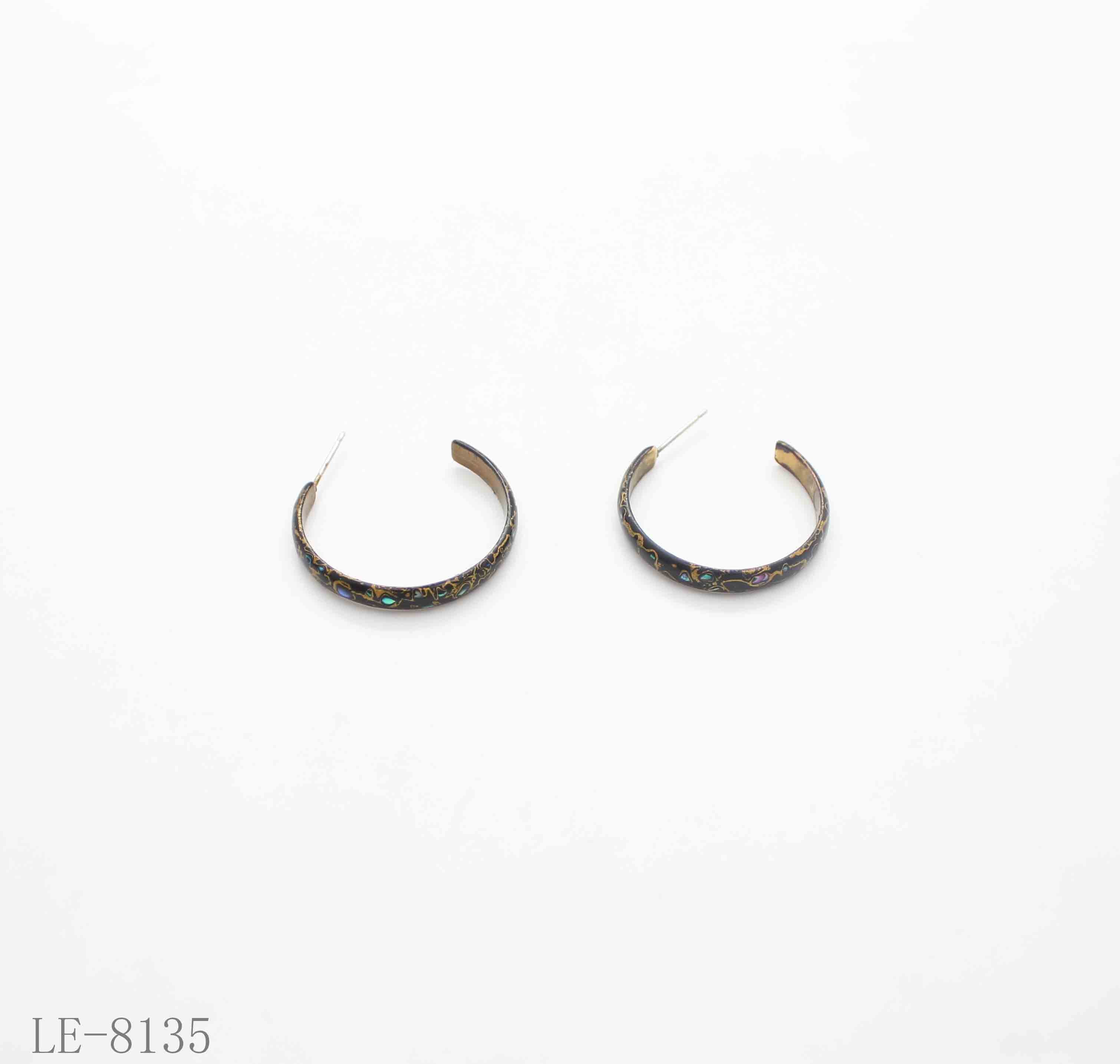 Handmade Natural Black Lacquer Abalone Chip Open C Hoop Earrings | Solid Copper Inner Gold Plated Niche Vintage Oriental Art Stacking Ear Hoops Factory Wholesale