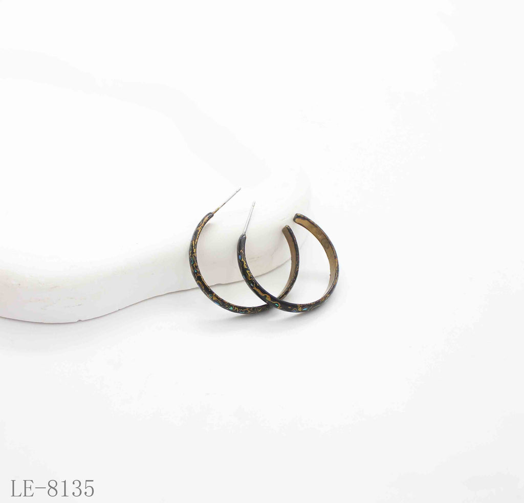 Handmade Natural Black Lacquer Abalone Chip Open C Hoop Earrings | Solid Copper Inner Gold Plated Niche Vintage Oriental Art Stacking Ear Hoops Factory Wholesale