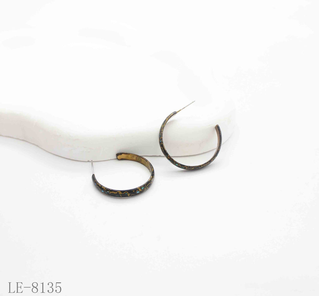 Handmade Natural Black Lacquer Abalone Chip Open C Hoop Earrings | Solid Copper Inner Gold Plated Niche Vintage Oriental Art Stacking Ear Hoops Factory Wholesale