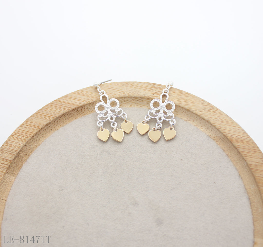 Filigree Hollow Flower Three Heart Tassel Drop Earrings | Zinc Alloy Iron Sheet Dual Silver Gold Plated Women Sweet Romantic Stacking Dangle Studs Factory Wholesale