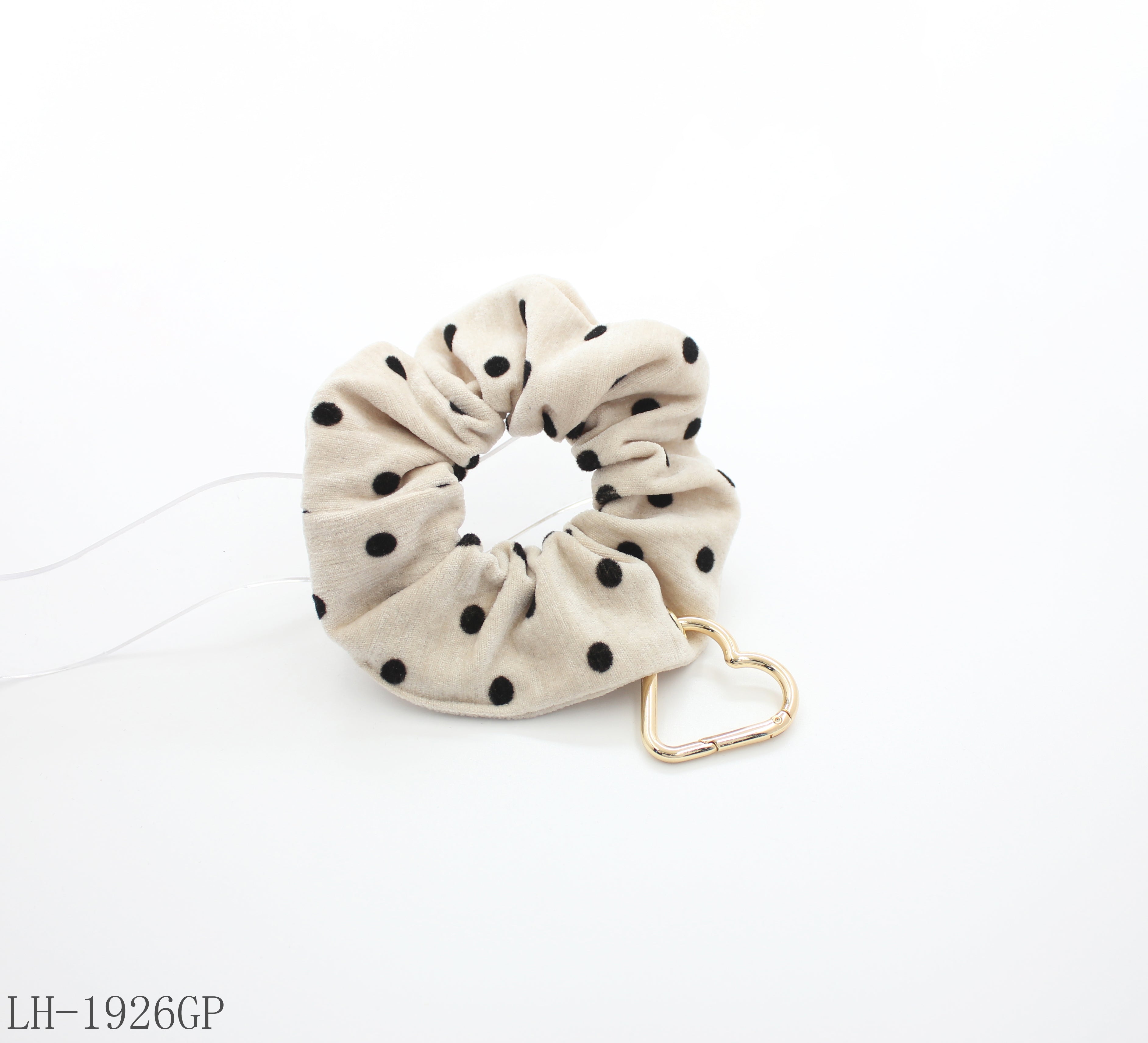 Beige Black Polka Dot Scrunchie with Zinc Alloy Heart Carabiner Charm | Soft Fabric Elastic Decorative Women Stackable Hair Tie, 4 Colors In Stock Factory Wholesale