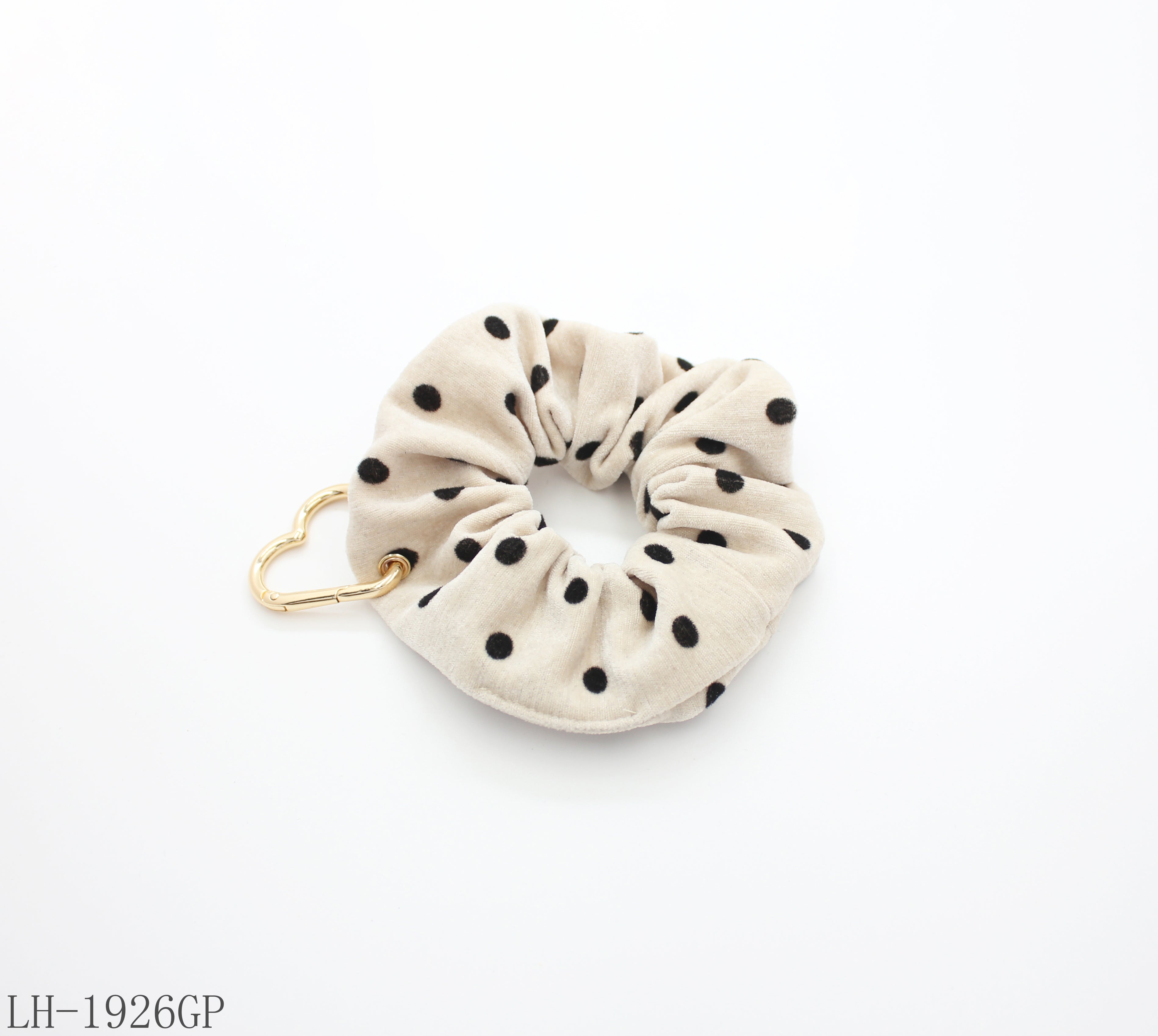 Beige Black Polka Dot Scrunchie with Zinc Alloy Heart Carabiner Charm | Soft Fabric Elastic Decorative Women Stackable Hair Tie, 4 Colors In Stock Factory Wholesale