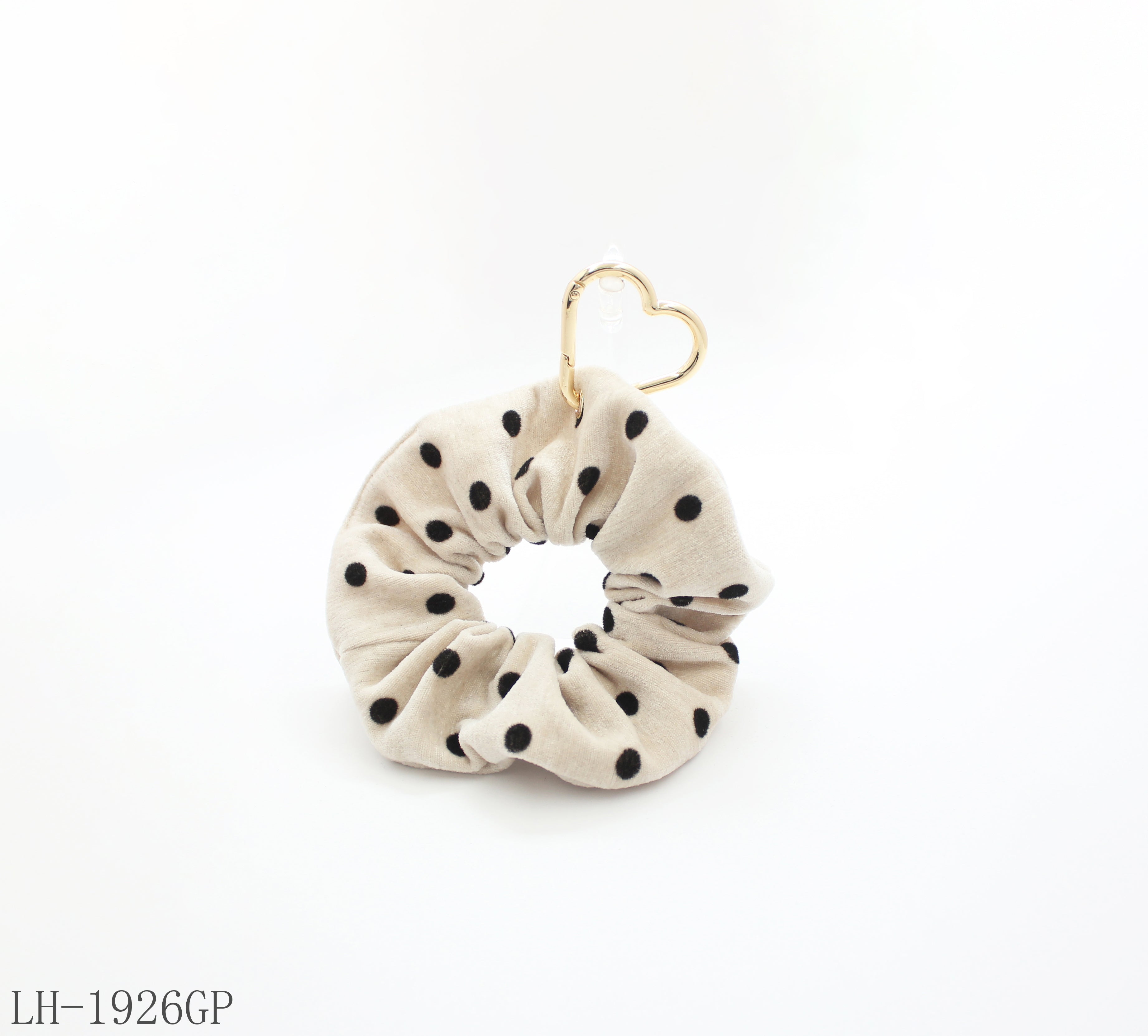 Beige Black Polka Dot Scrunchie with Zinc Alloy Heart Carabiner Charm | Soft Fabric Elastic Decorative Women Stackable Hair Tie, 4 Colors In Stock Factory Wholesale