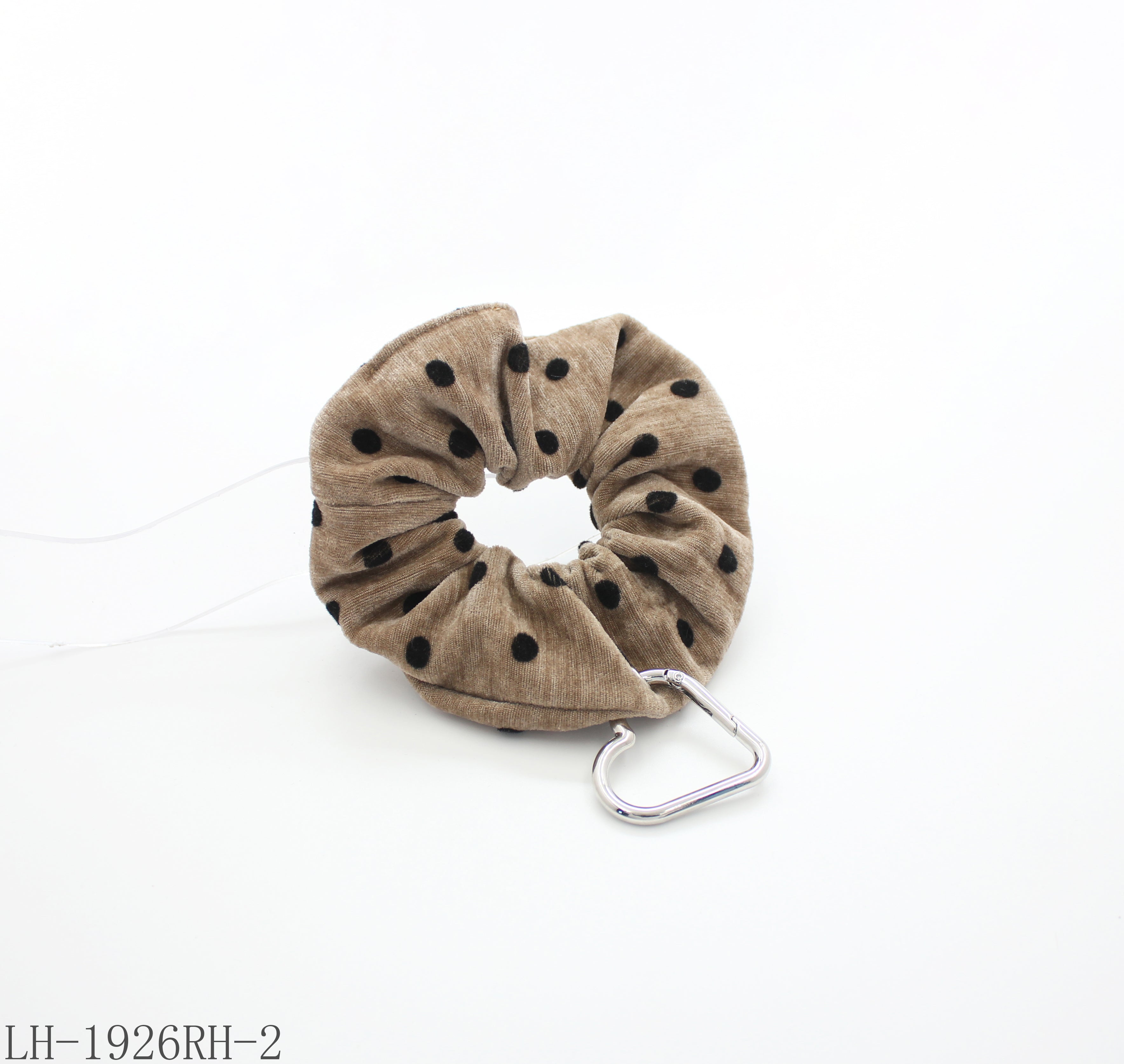 Beige Black Polka Dot Scrunchie with Zinc Alloy Heart Carabiner Charm | Soft Fabric Elastic Decorative Women Stackable Hair Tie, 4 Colors In Stock Factory Wholesale