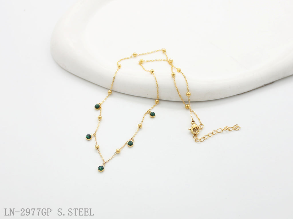 Extender Spaced Ball Bead Natural Malachite Dainty Gold Plated Stainless Steel Layering Choker Necklace | Factory Direct Wholesale