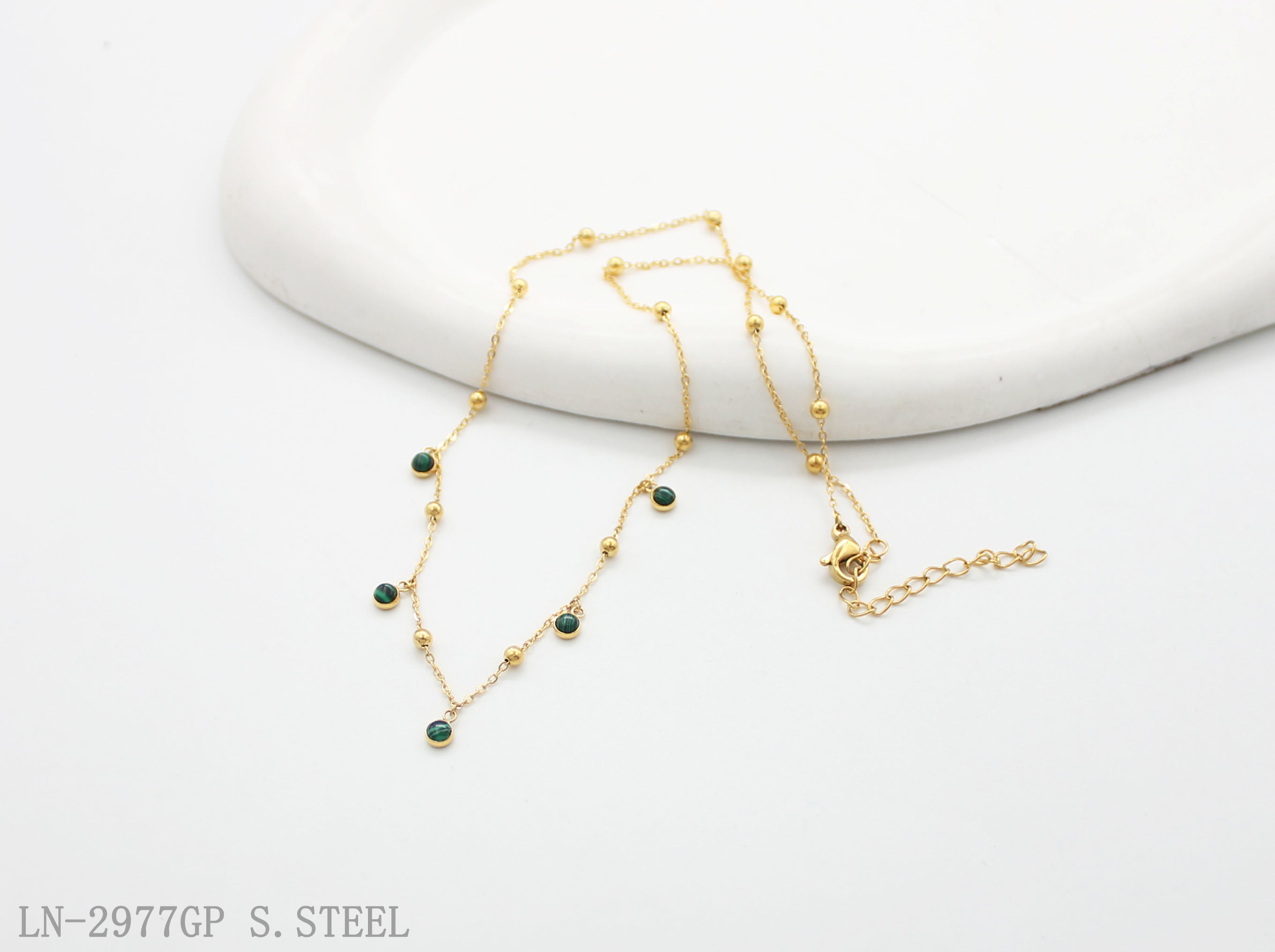 Extender Spaced Ball Bead Natural Malachite Dainty Gold Plated Stainless Steel Layering Choker Necklace | Factory Direct Wholesale