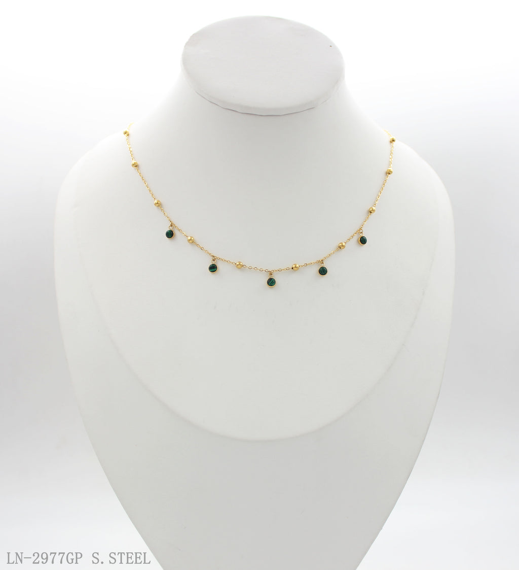 Extender Spaced Ball Bead Natural Malachite Dainty Gold Plated Stainless Steel Layering Choker Necklace | Factory Direct Wholesale