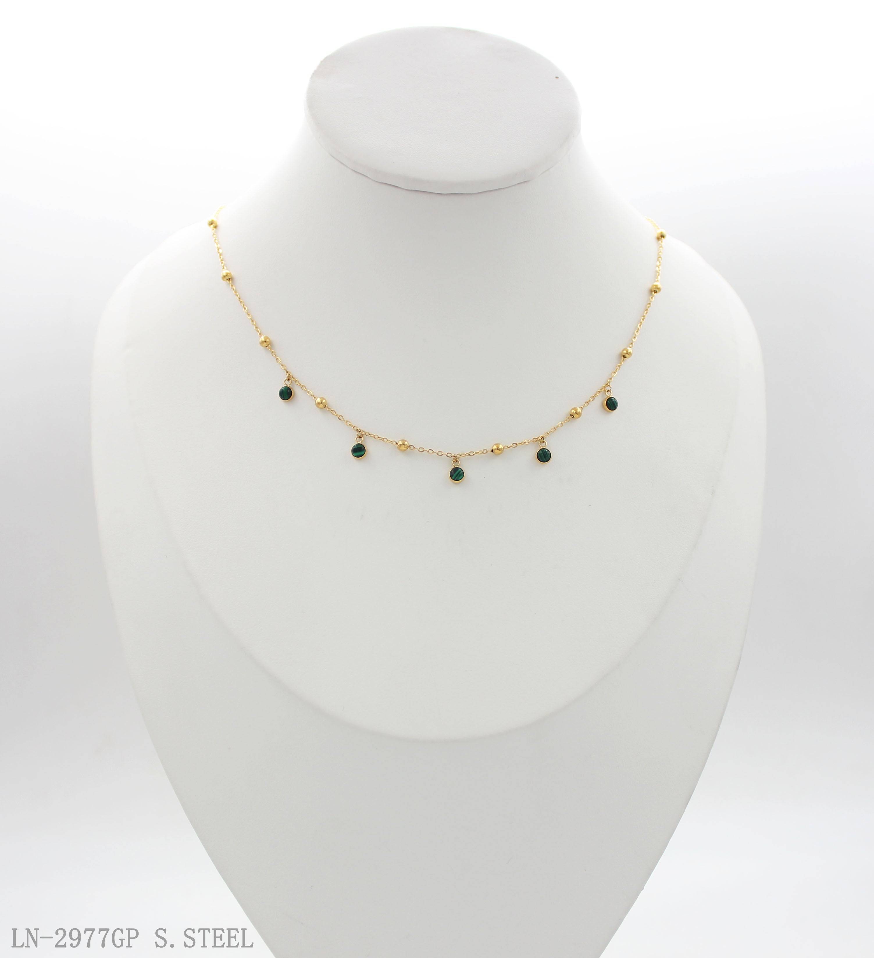 Extender Spaced Ball Bead Natural Malachite Dainty Gold Plated Stainless Steel Layering Choker Necklace | Factory Direct Wholesale