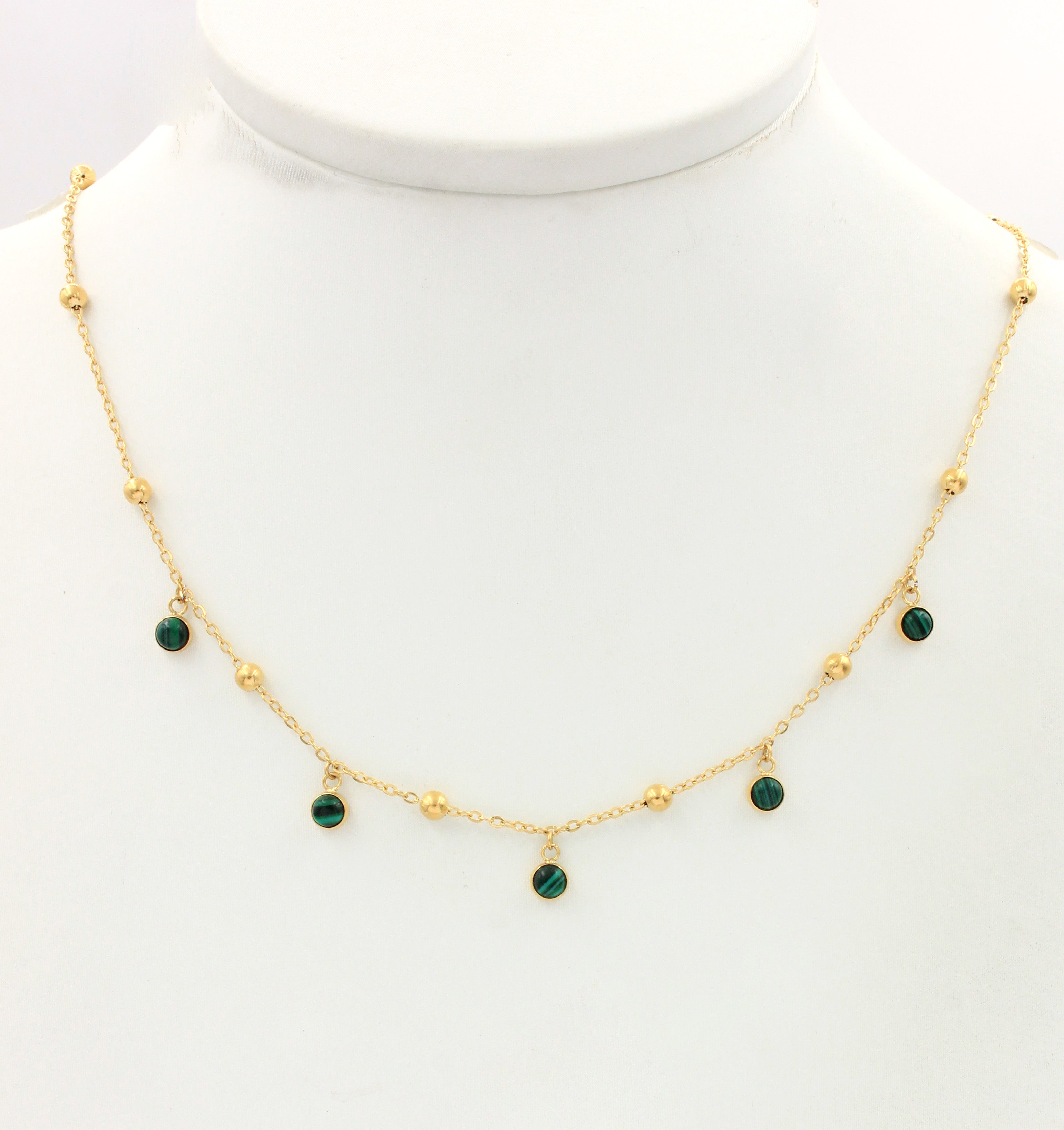 Extender Spaced Ball Bead Natural Malachite Dainty Gold Plated Stainless Steel Layering Choker Necklace | Factory Direct Wholesale