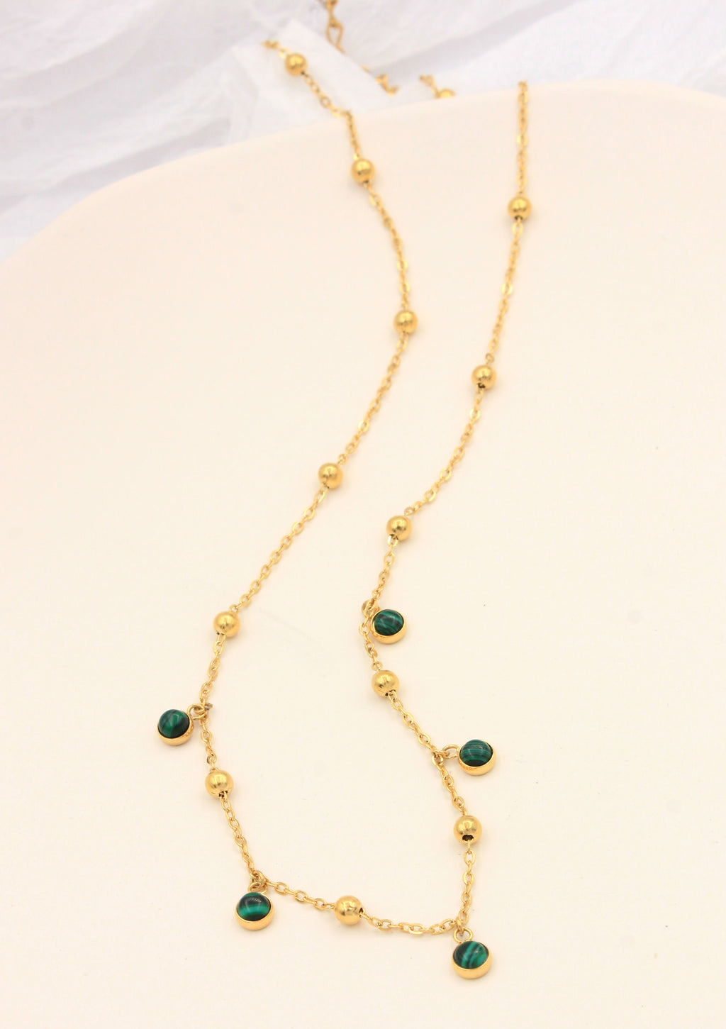 Extender Spaced Ball Bead Natural Malachite Dainty Gold Plated Stainless Steel Layering Choker Necklace | Factory Direct Wholesale