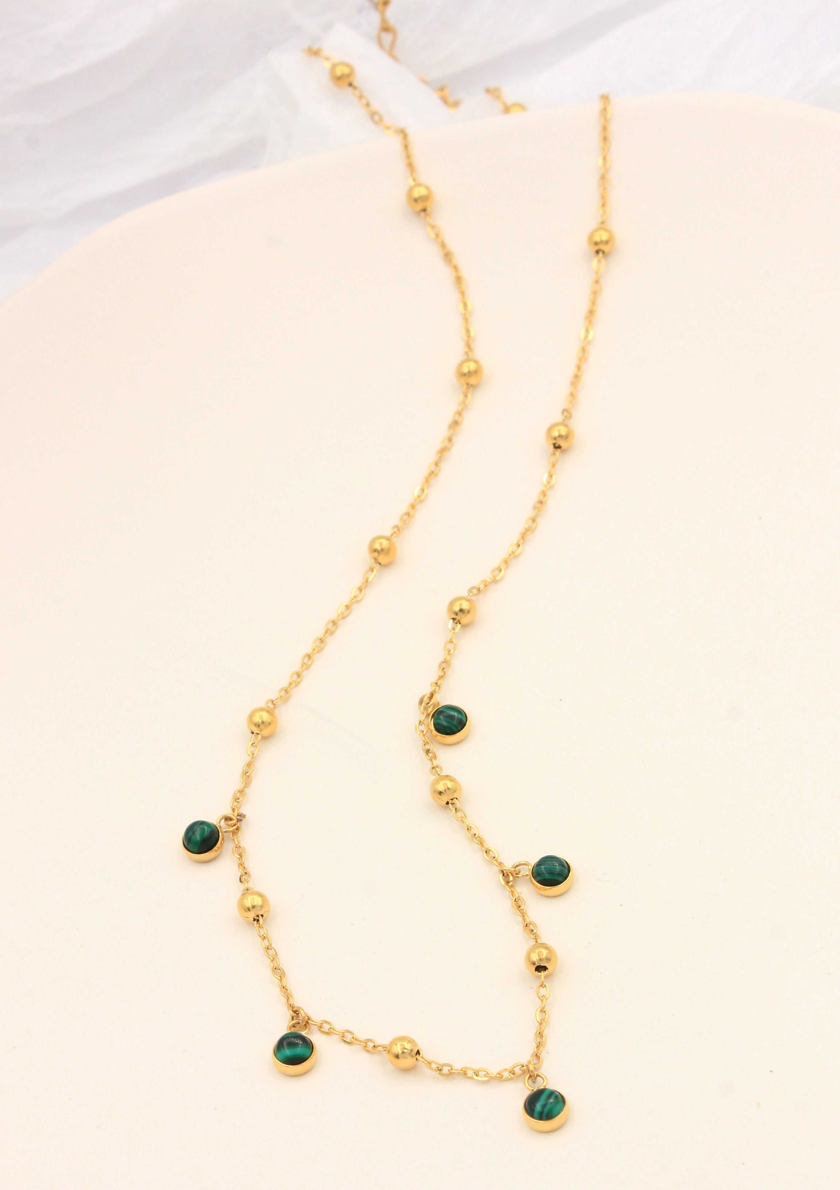 Extender Spaced Ball Bead Natural Malachite Dainty Gold Plated Stainless Steel Layering Choker Necklace | Factory Direct Wholesale