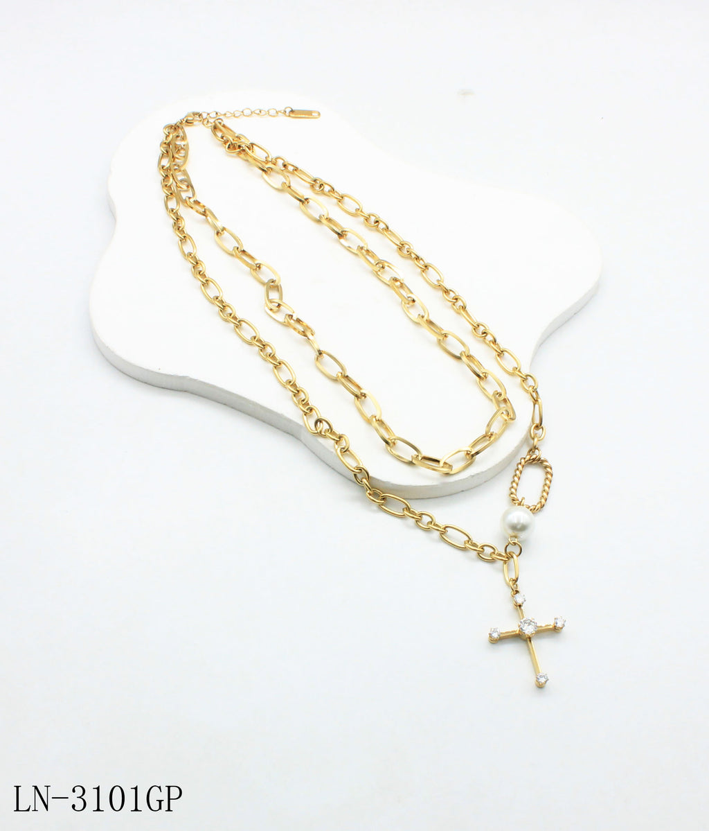 Pre‑Stacked Dual‑Layer Mixed Oval & Twisted Link Pave‑Crystal Cross Pearl‑Accent Stainless Steel Necklace | Factory Direct Wholesale