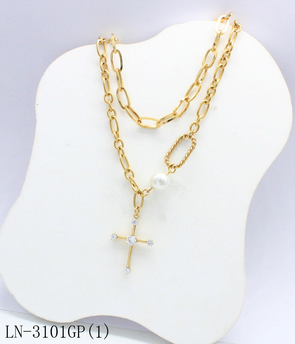 Pre‑Stacked Dual‑Layer Mixed Oval & Twisted Link Pave‑Crystal Cross Pearl‑Accent Stainless Steel Necklace | Factory Direct Wholesale